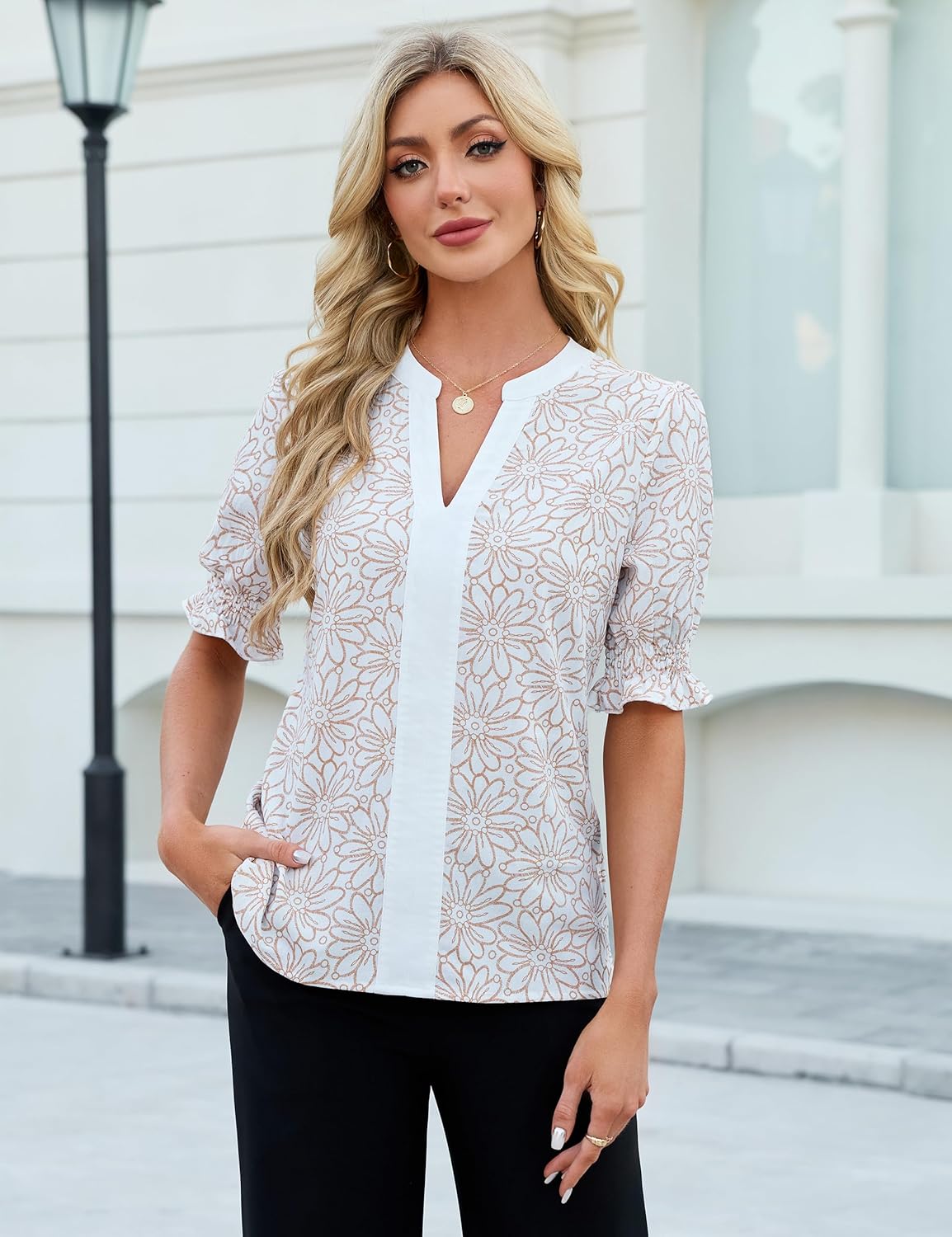 Blooming Jelly Women Puff Ruffled Sleeves Dressy Casual Blouses Floral Print V Neck Tops Color Blocked Business Work Shirts - Image 4