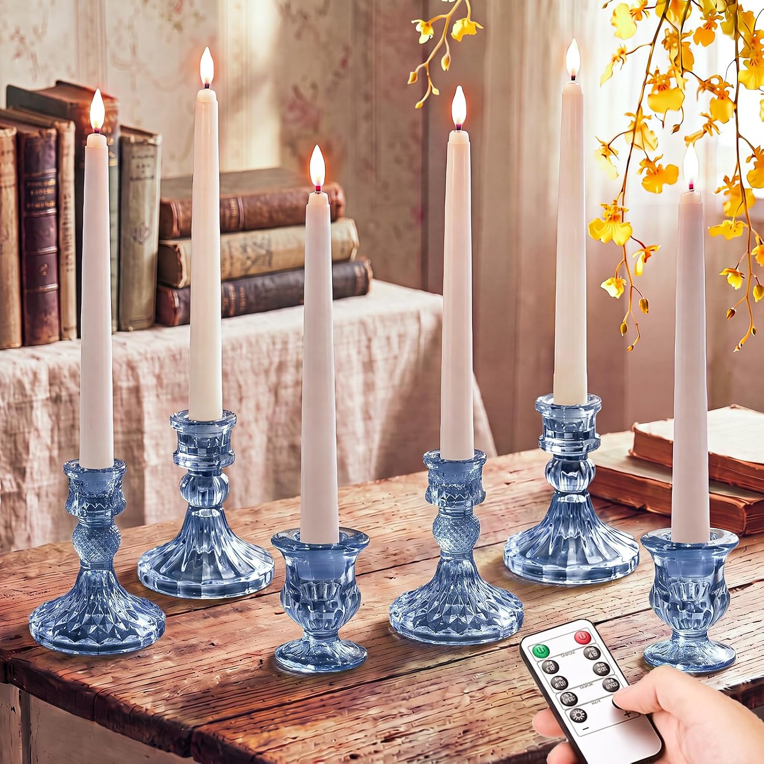 Mumufy 12-piece Amber Glass Candle Holders with Flameless Taper Candles