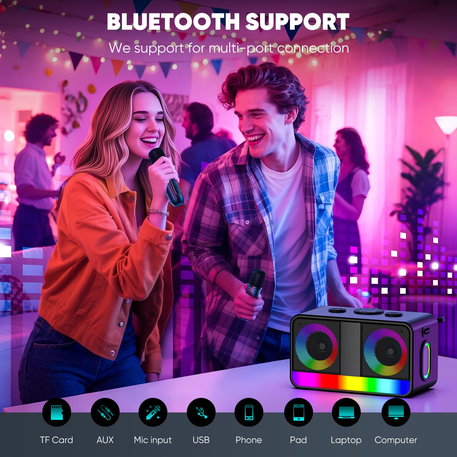 Karaoke-Maschine : Echter Tragbarer Lautsprecher mit 35W, 8-Stunden-Autonomie, 2 Aufladbare Drahtlose Mikrofone, LED, Karaoke-Maschine für Erwachsene & Kinder (CHJ171-Black)