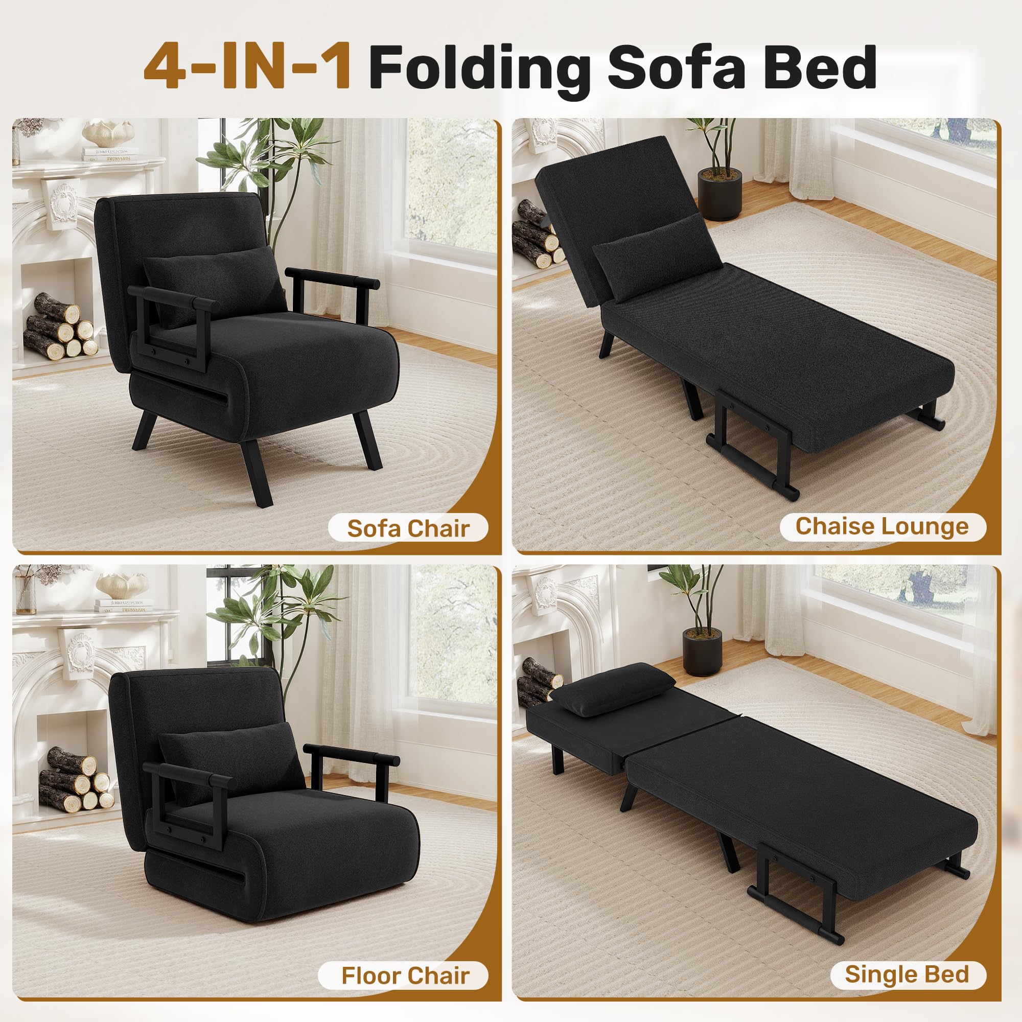 Hawthyhome Schlafsessel 4 in 1 Schlafsofa mit Bettfunktion 57cm Schwarz