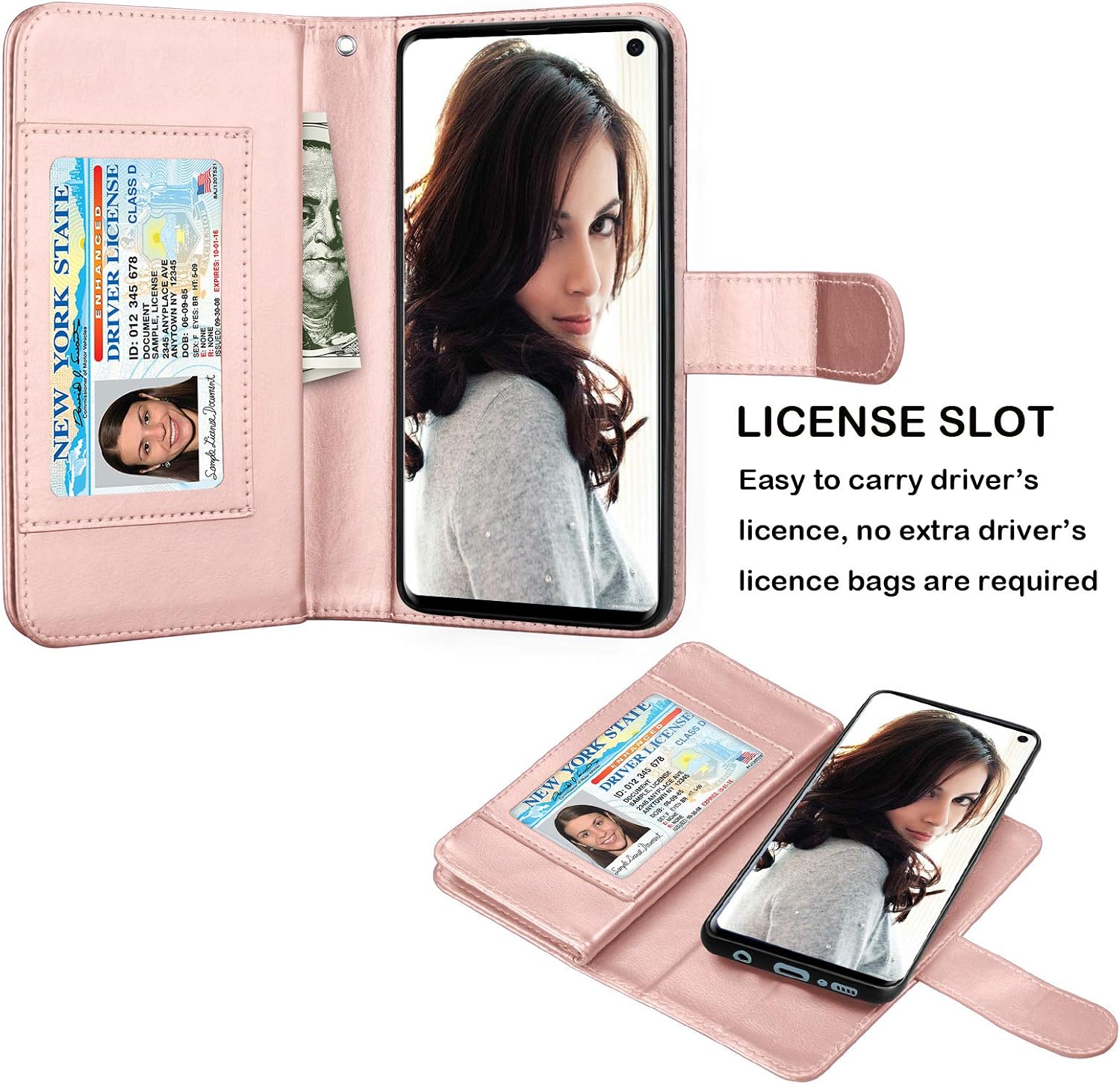 Njjex Wallet Case For Galaxy S10, For Galaxy S10 6.1" Case, PU Leather [9 Card Slots] ID Credit Holder Folio Flip [Detachable][Kickstand] Magnetic Phone Cover & Wrist Strap For Samsung S10 [Rose Gold]