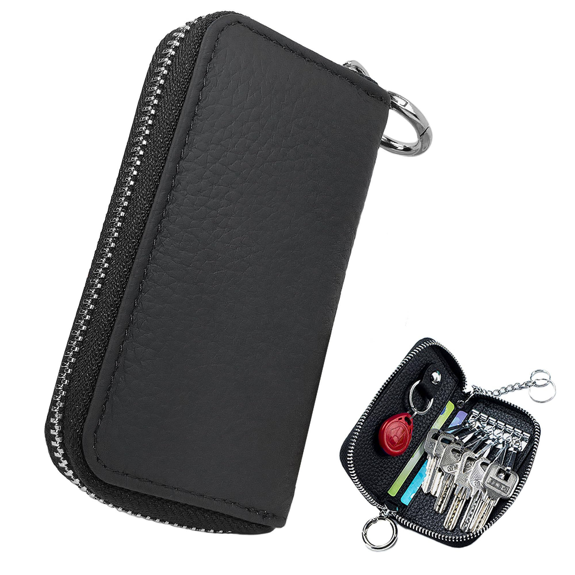 Elegance-e Smart Key Case, Smart Key Compatible, Men's, Women's, Genuine Leather, Embossed Leather, Compact, Small Size, 6 Hooks, With Card Pocket, Large Capacity, Zipper, Black : Clothing, Shoes & Je
