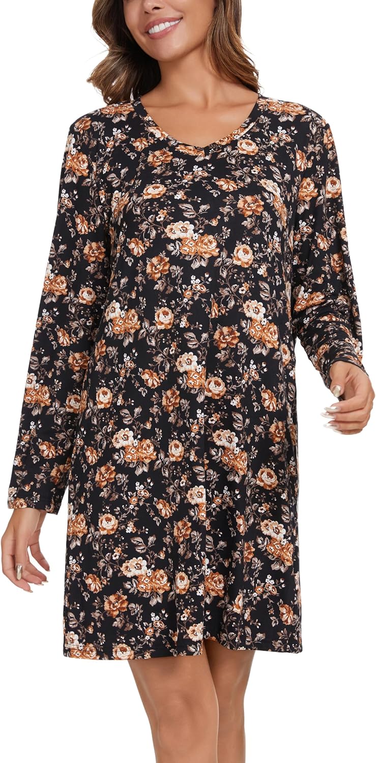 2 Pack Long Sleeve Nightgowns for Women Soft Cotton Night Gowns Sleepwear V Neck Nightshirts - Image 6