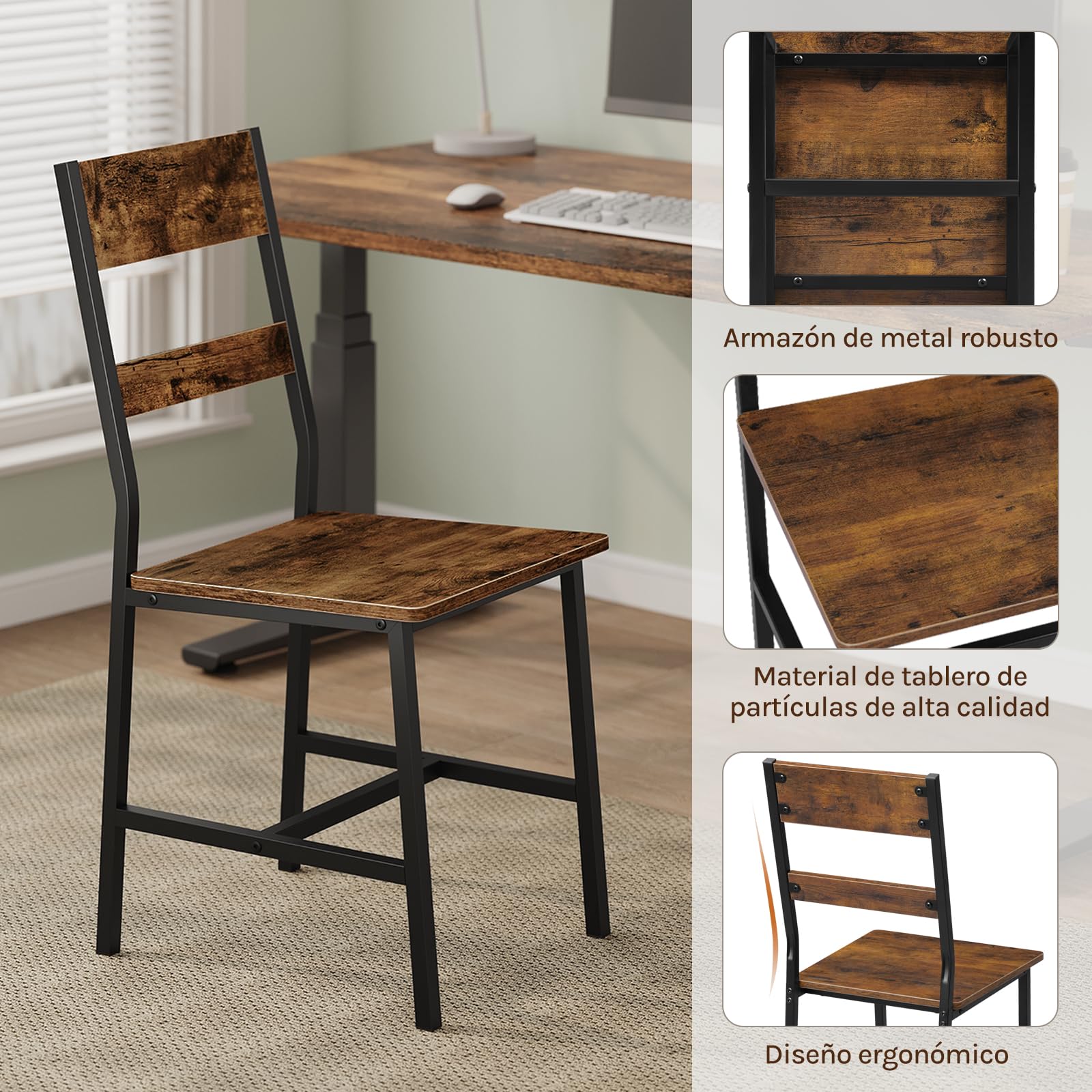 Juego de 4 Sillas de Comedor, Marrón Rústico | Estructura Metálica y Madera, Ergonómicas para Salón, Cocina, Balcón, Estilo Industrial
