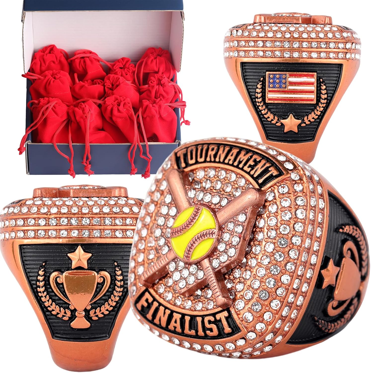 12 pcs Pack Softball Homeplate Championship Trophy Ring Award for Tournament Teams and palyers Awards Size 9.5 Gold Silver and Bronze