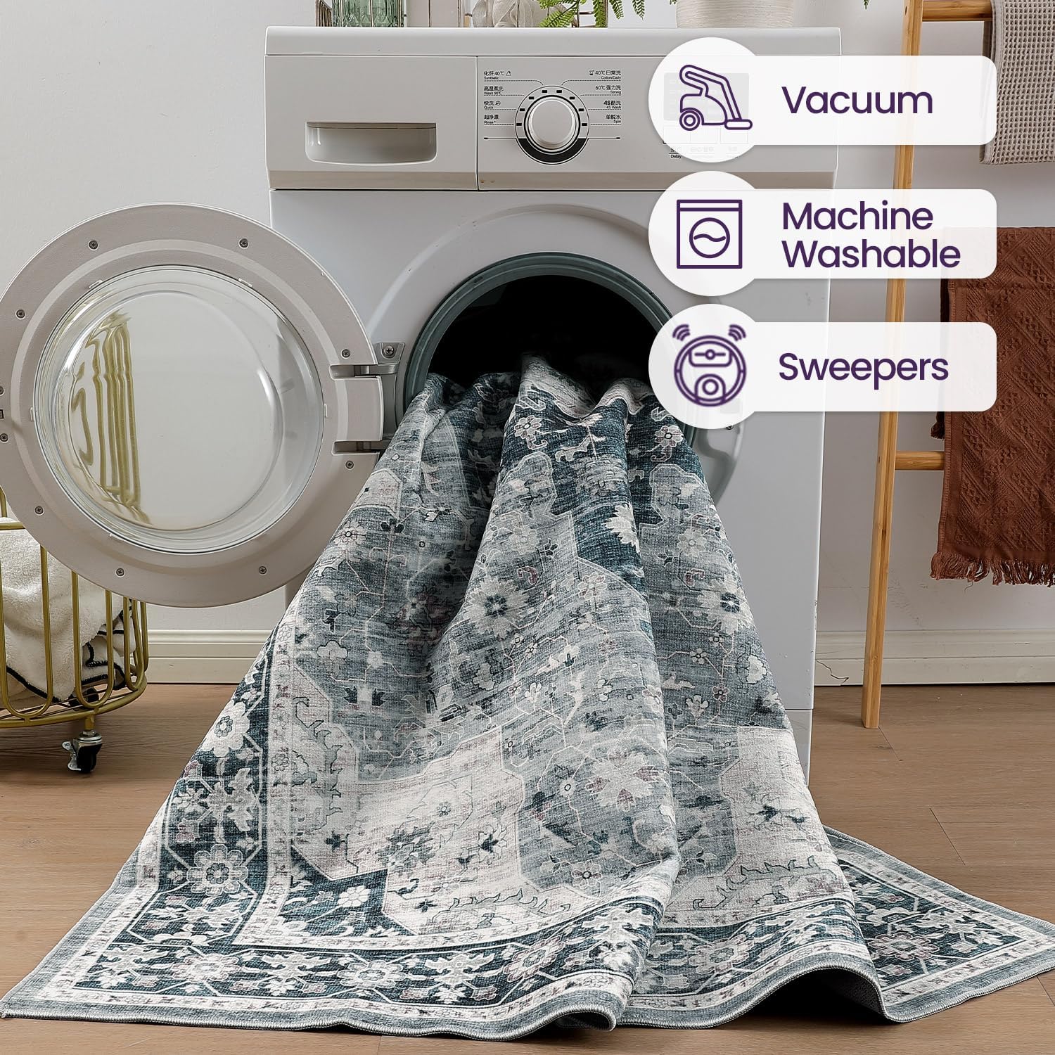 DEXI Washable Area Rug for Living Room 10x14, Vintage Farmhouse Soft Indoor Large Rugs, Stain Resistant Low Pile Carpet with Non Slip Backing for Dining Bedroom Office, Blue Grey