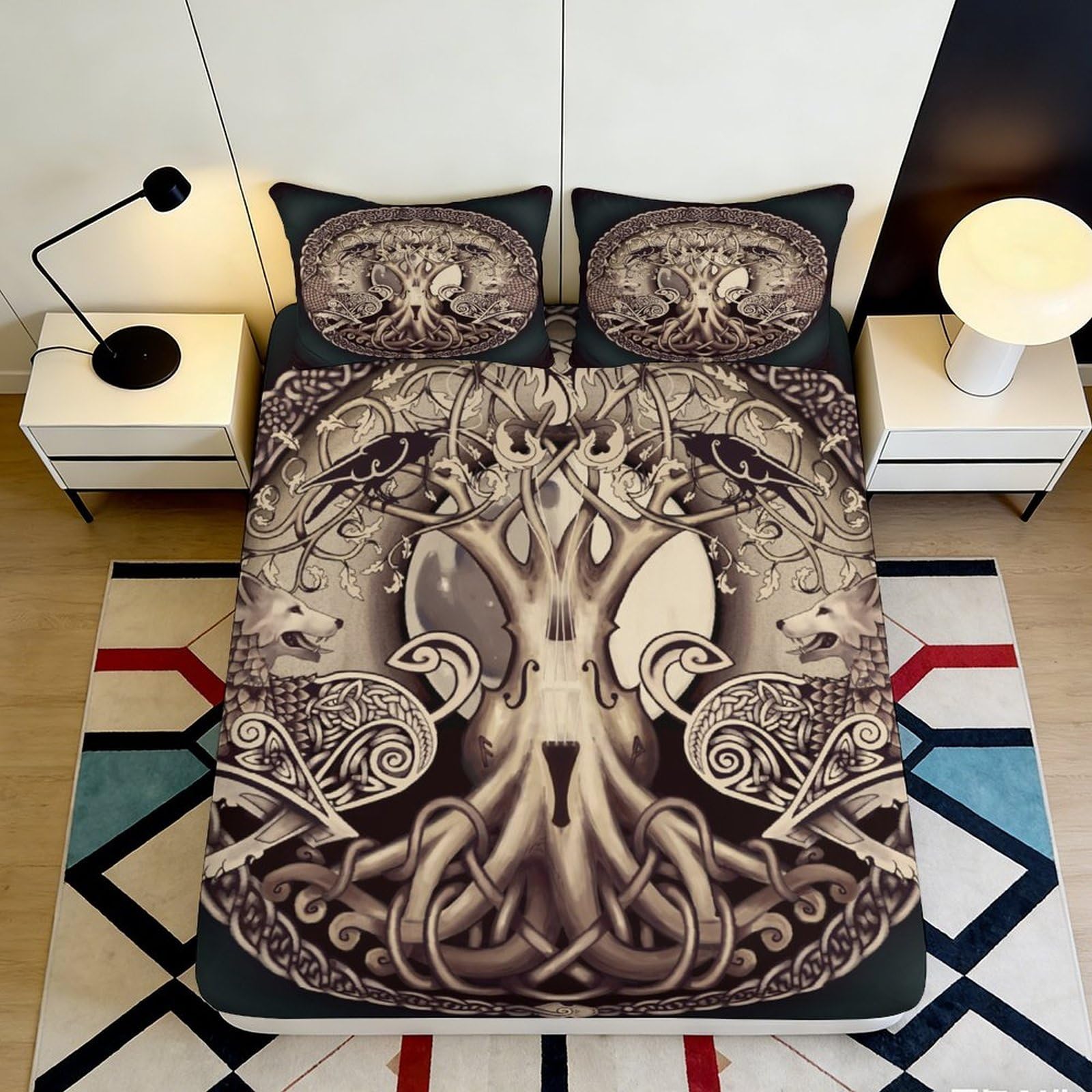 3D Printed Celtic Tree of Life Fitted Sheet Microfiber Soft Breathable Norse Knotwork Bed Cover for Bedroom Dormitory Guest Room Mattress Protection 120x200x25cm