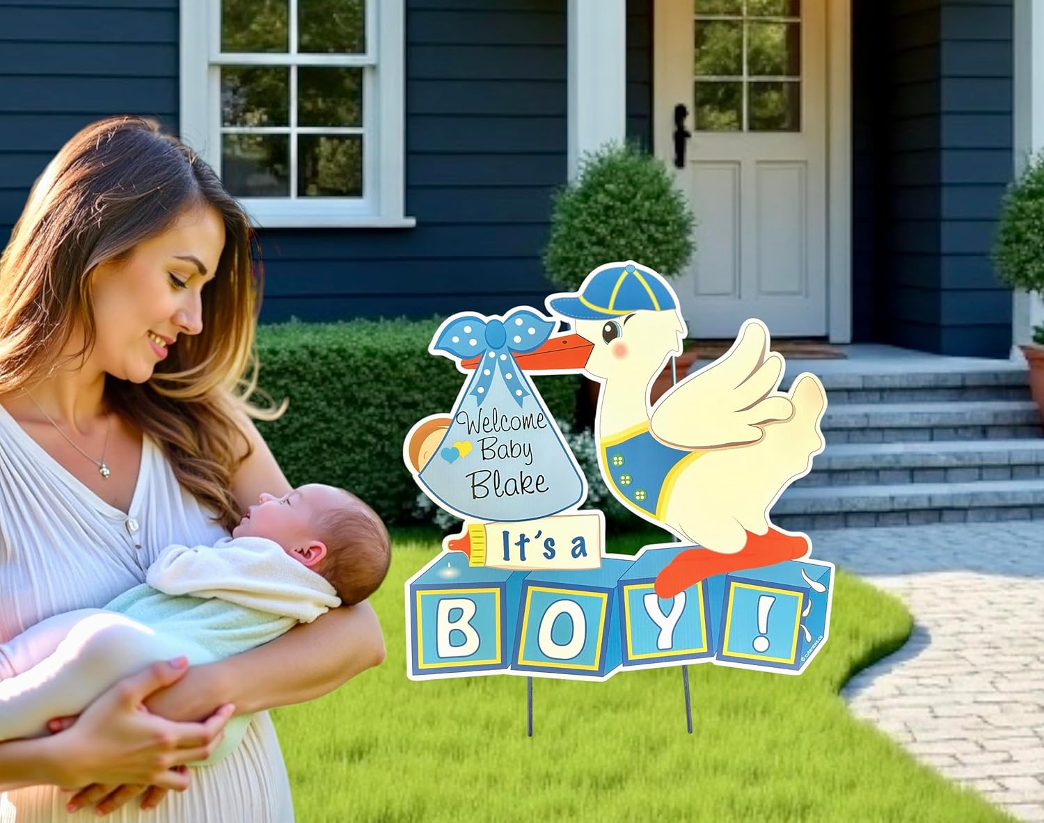 Baby Announcement Sign, It's a Boy Stork Yard Sign, Personalized Newborn Decor, Blue, 24 inches x 24 inches