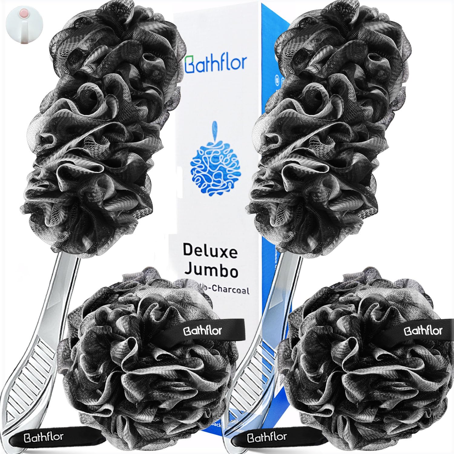 Loofah Sponge, 80g Loofahs for Men Women, 5-in-1 Large Shower Loofah Exfoliating Body Scrubber, 2 Bath Sponge Loofa Packs, 2 Loofah with Handle Body Wash Back Scrubber, 1 Luffa Hook, Black Black Love