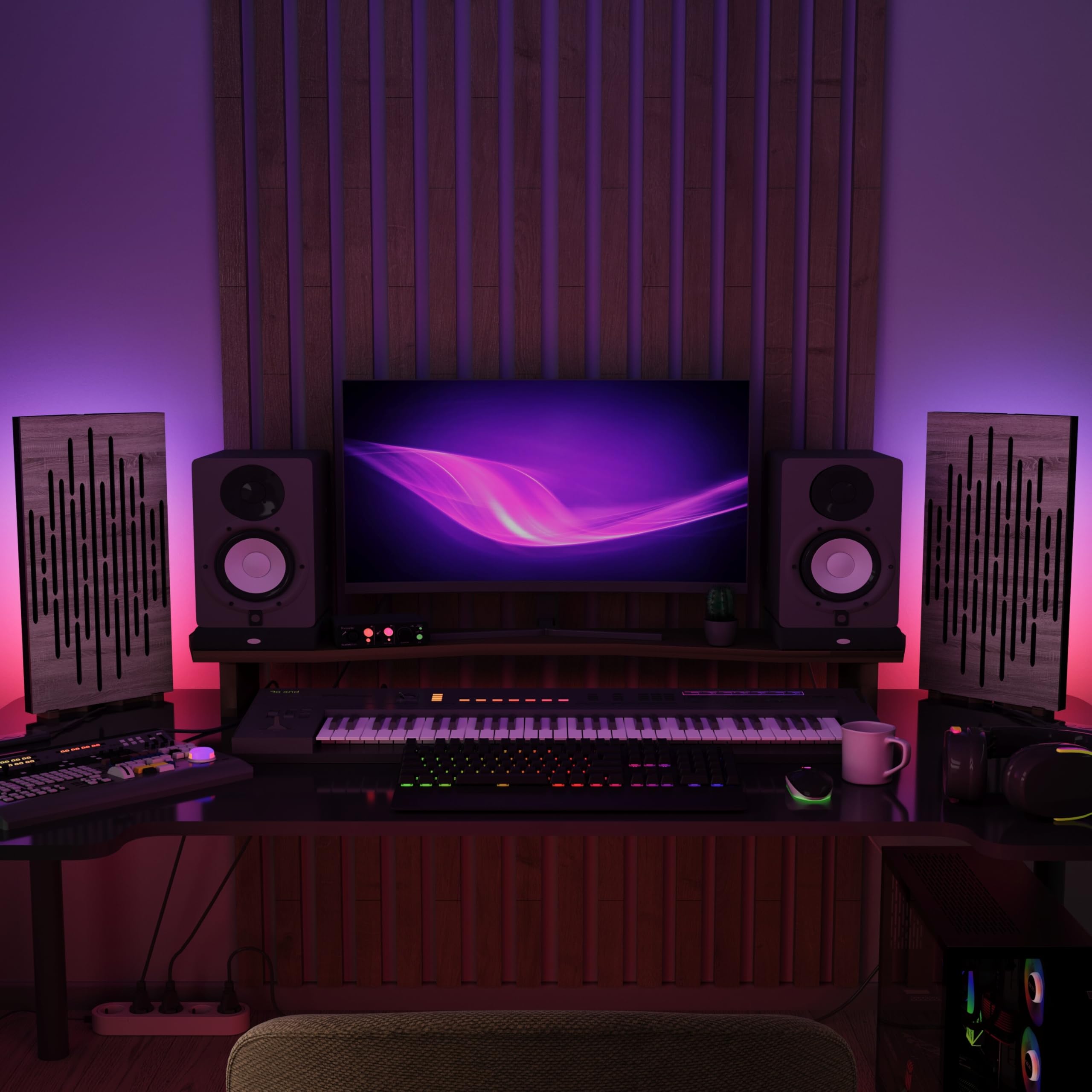 Pack de 2 paneles acústicos estrechos «WAVE-mini» con lámpara de escritorio RGB | Soporte móvil con base LED para mesa | Para estudios de podcast y salas de juegos | 50×25cm | Color: Sonoma