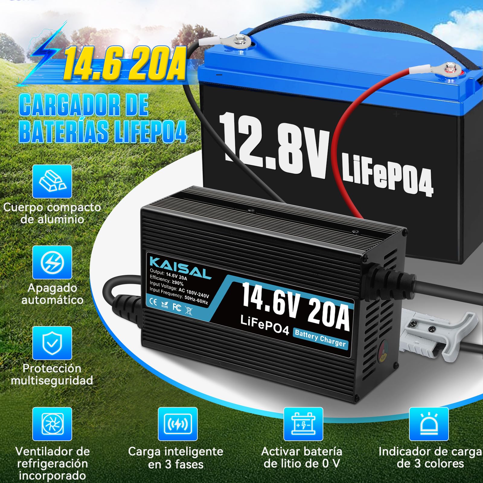 Cargador Hypery 14.6V 20A Para Baterías LiFePO4 De Más De 40Ah, Con Pinzas Y Conector M8, Modelo VB20AH-UK