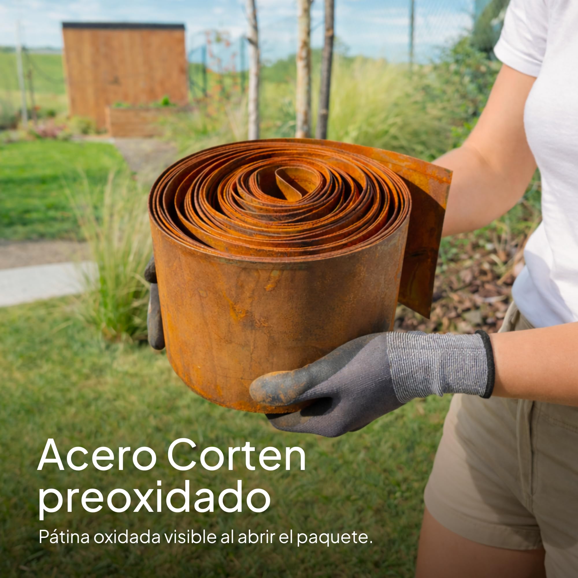 UNIGARDIA Bordura Acero Corten 10 m - Borduras Jardin Metálica de 14 cm de Altura - Fácil de Instalar - Separador Jardin Exterior con Pátina de Oxido, Incluye 1 Par de Guantes