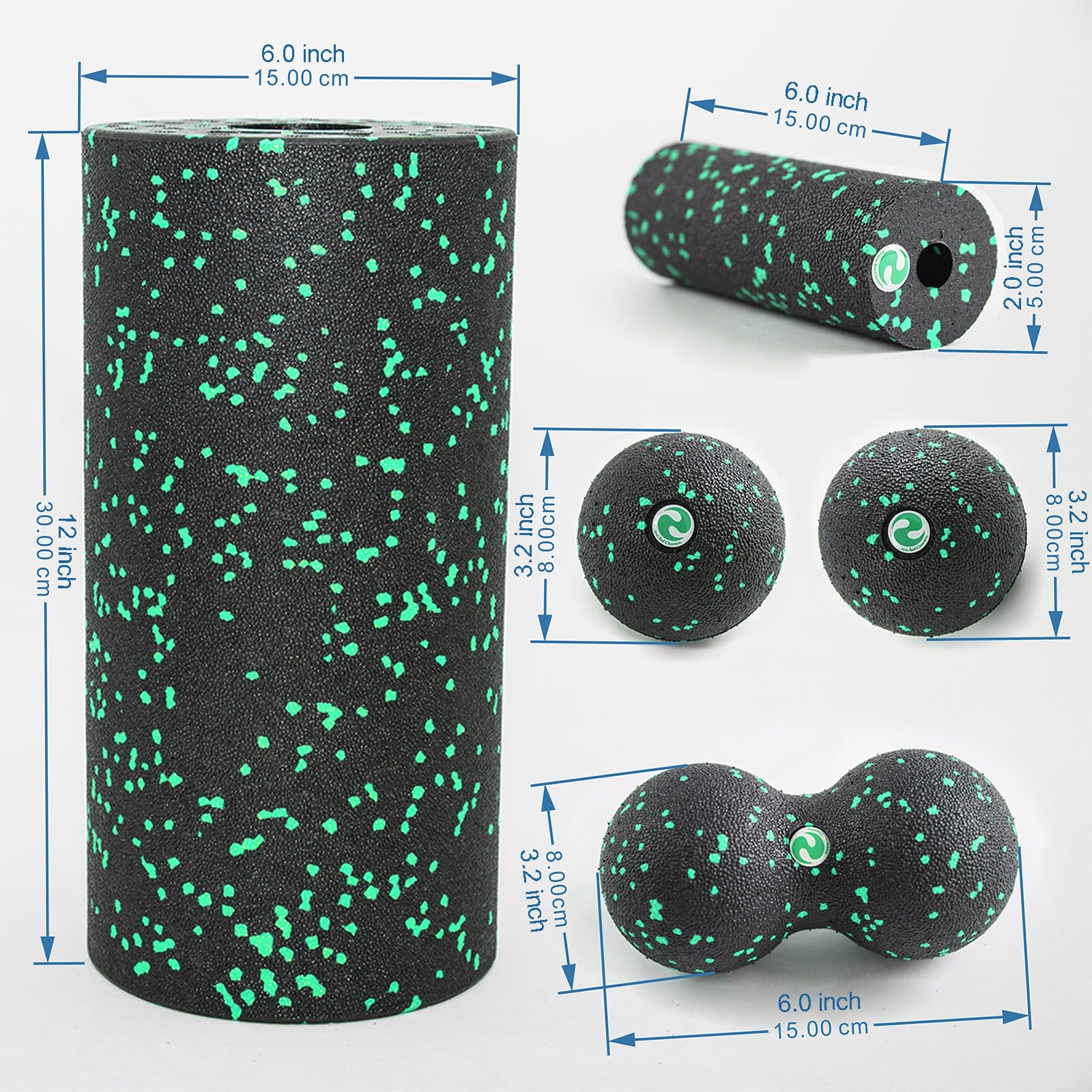 Faszienrolle 5-teiliges Yoga-Schaumstoffrollen Set Foam Roller, Massageball & Faszienball,faszienrolle wirbelsäule für effektives Faszientraining von Rücken, Wirbelsäule,Fuß&Pilates. (Green)