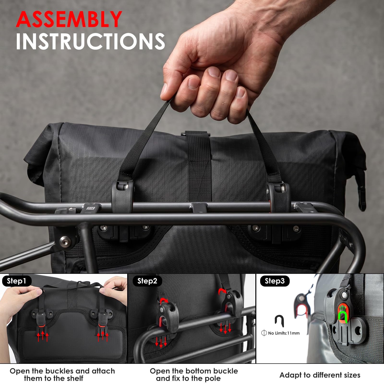 30L Sacoche Vélo Porte-Bagage Arrière, Sacoche Velo 3 en 1 Étanche, Sac Vélo Grande Capacité avec Poignée et Bandoulière, Sac à Dos Cycle Pannier pour Vélo, Route, VTT, Voyage, Trajets