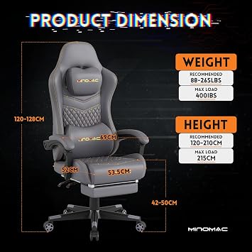 Gaming Chair,Big and Tall Gaming Chair 400lbs Office Chair with Footrest, 90-155 Recline & Removable Headrest Lumbar Support[Spring + 4D Sponge](Grey)