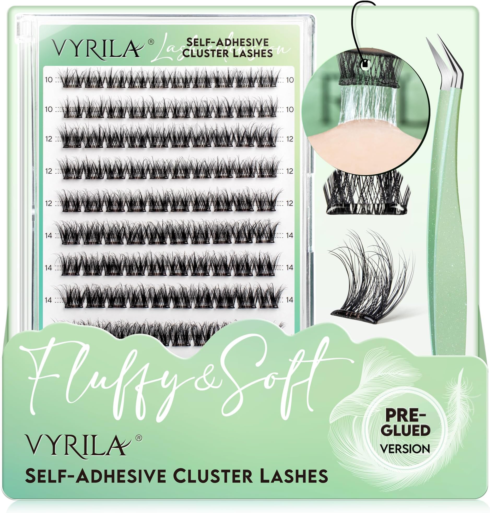 Self-Adhesive Lash Cluster, Pre-Glued Clusters, Pop-On Faux Eyelashes, 3D Thin Band D Curl Natural Look Lahses, Easy to Apply, Reusable 0.05mm Eyelash Extensions (Green Joy-D-0.05-10-16mix-Kit)