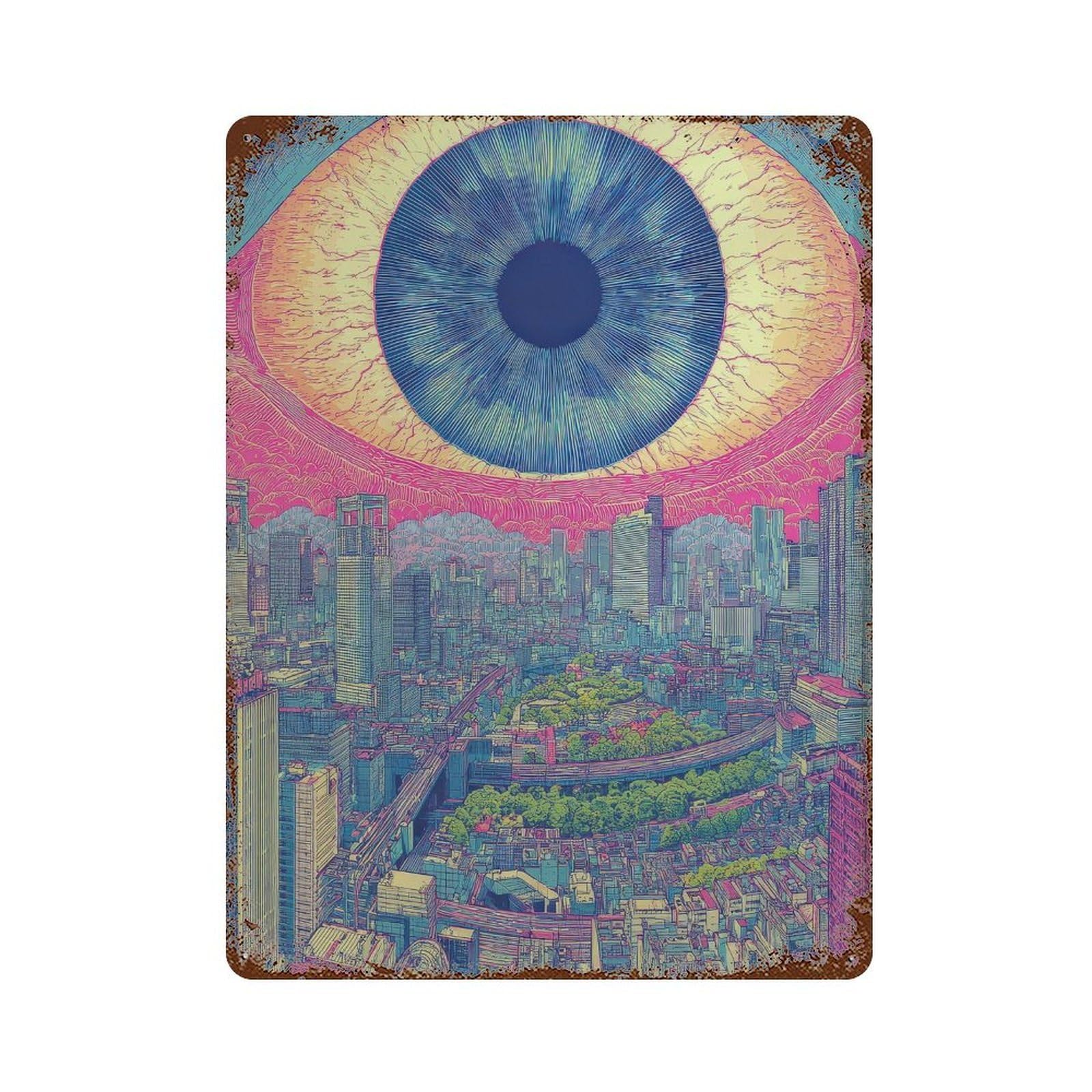 xiaoxiaoshen Cityscape With Giant Eye. Psychedelic Surreal Wall Decor Art Metal Tin Poster Modern Home Decor Art Home Bar Shop Decorations Vintage Sign 40x30cm