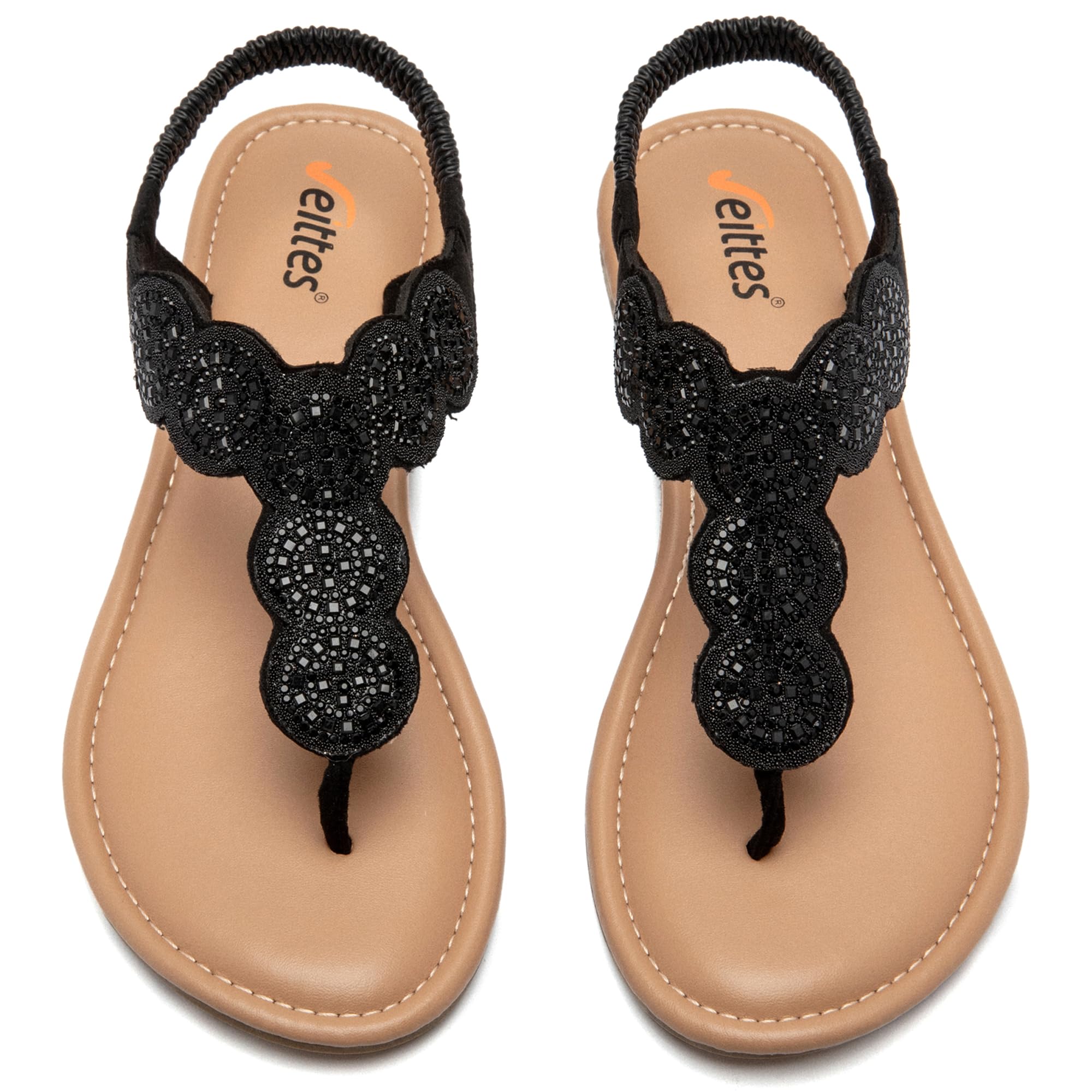 Veittes Damen Bohemian Flache Sandalen - Lässige Sommersandalen mit Strassdekoration, Gummisohle,Glitzer,leicht und bequeme Knöchelriemen-Sommersandalen