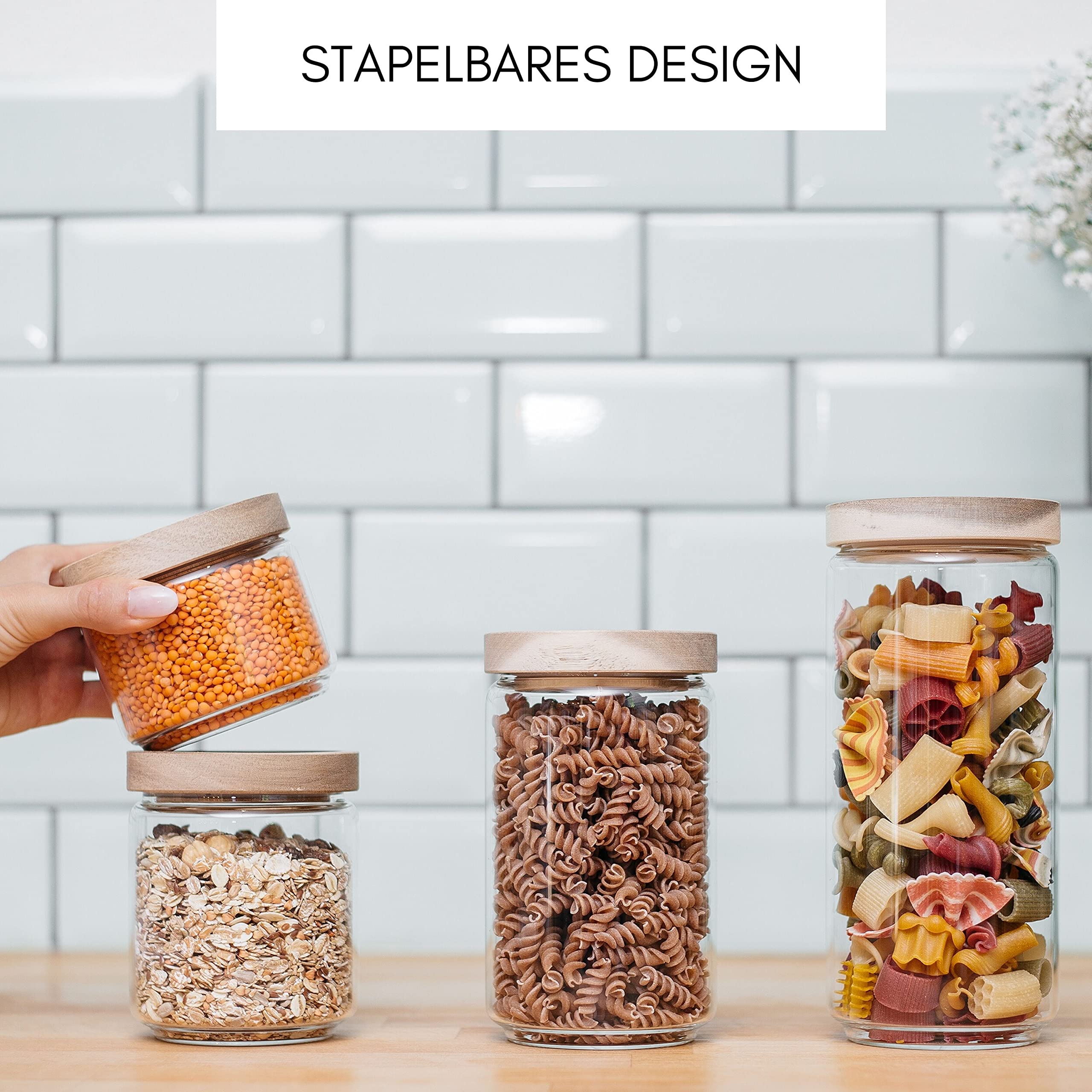 Econovo® Vorratsgläser mit Holzdeckel 500ml (4-teilig) aus Borosilikatglas, stapelbar und luftdicht, Vorratsdosen Glas-Behälter Aufbewahrungsglas mit Deckel für Vorräte groß und klein
