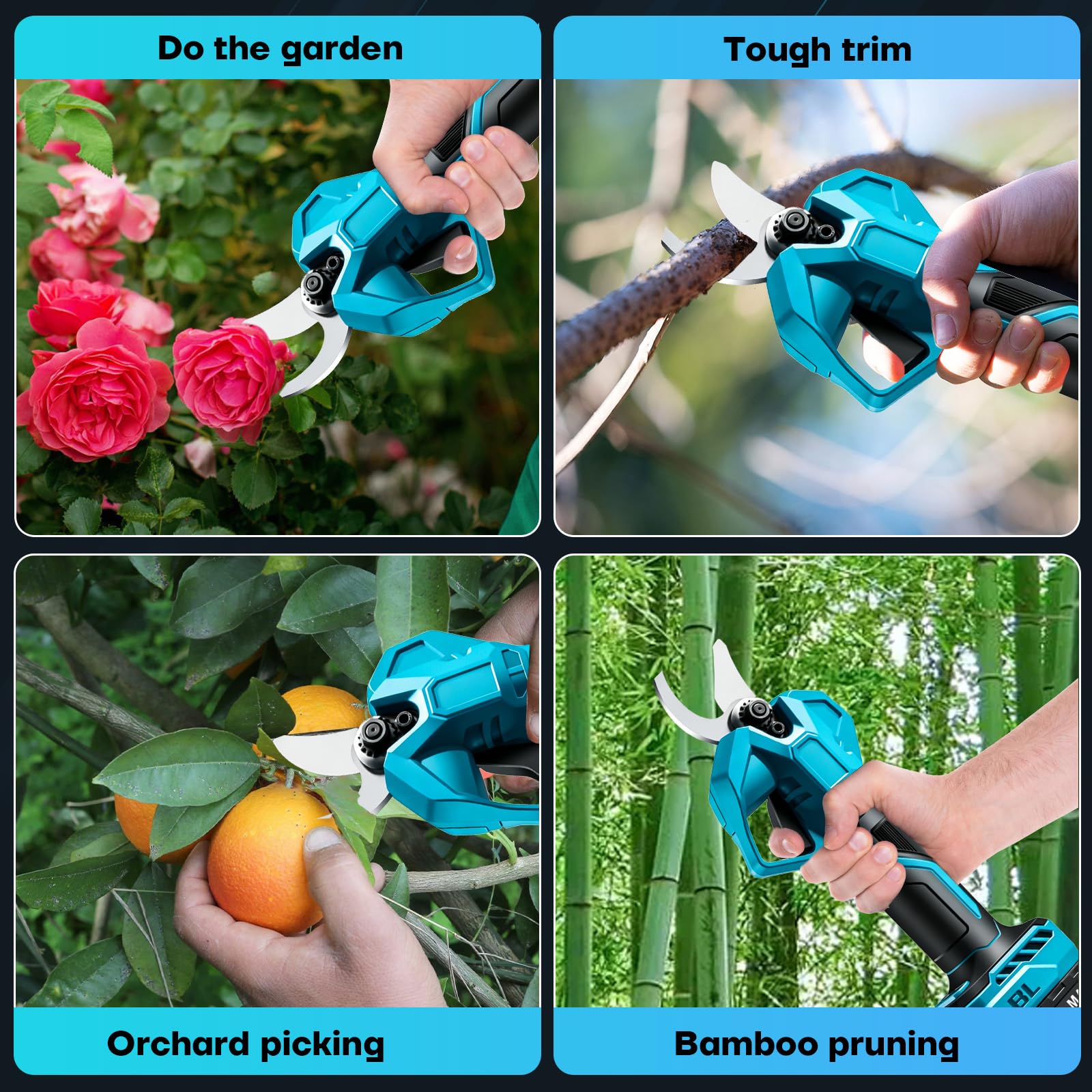 Tijeras de podar eléctricas con batería con motor sin escobillas, cuchillas SK5, batería recargable con indicador de carga, diámetro máximo de corte de 50 mm, para el jardín, 2 baterías de 1500 mAh