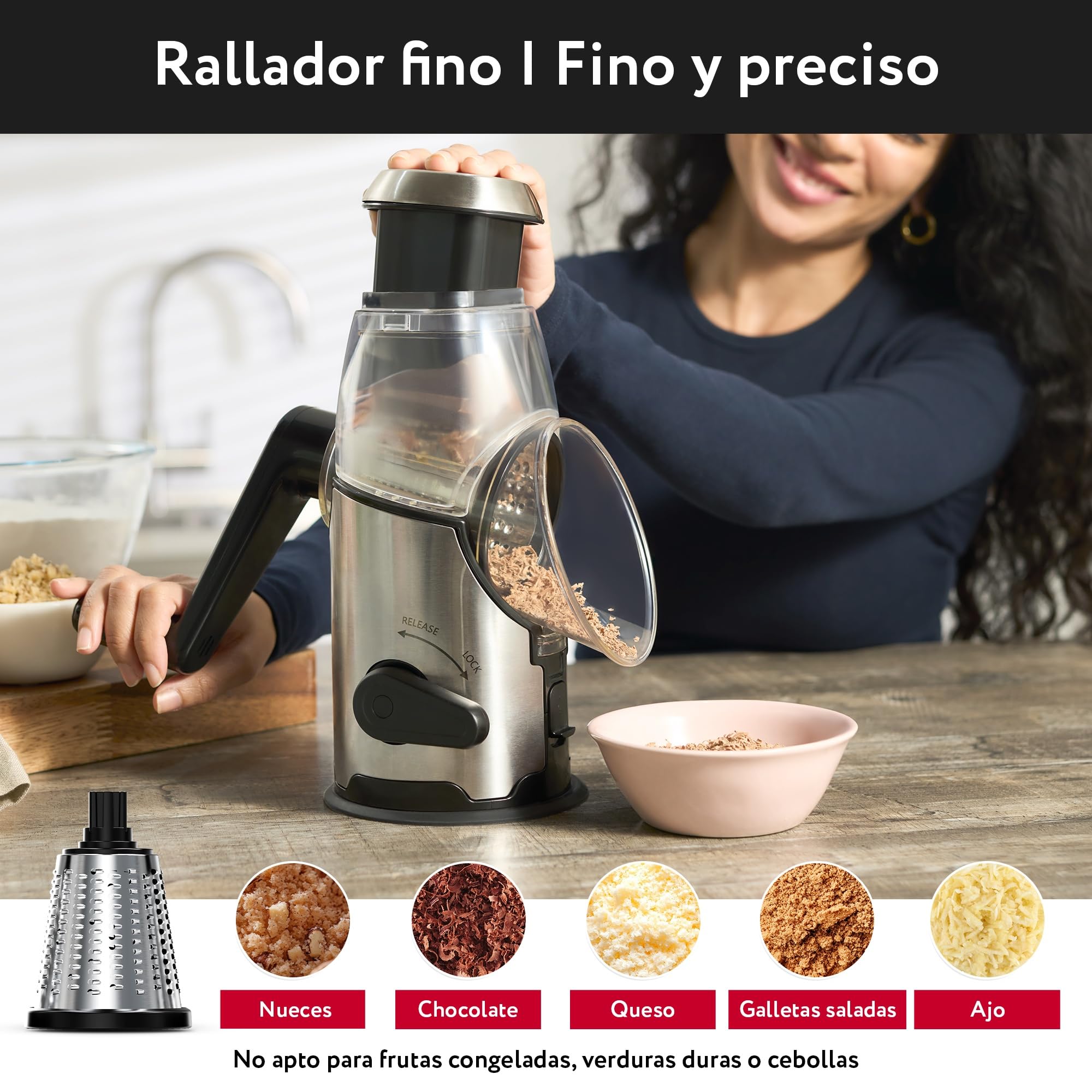 Rallador de Queso con Manivela - Rallador Verduras Inox con 3 Cuchillas de Tambor Intercambiables - Rápido y Fácil - Base Antideslizante - Rallador de Cocina para Queso Pepino Zanahoria Patata