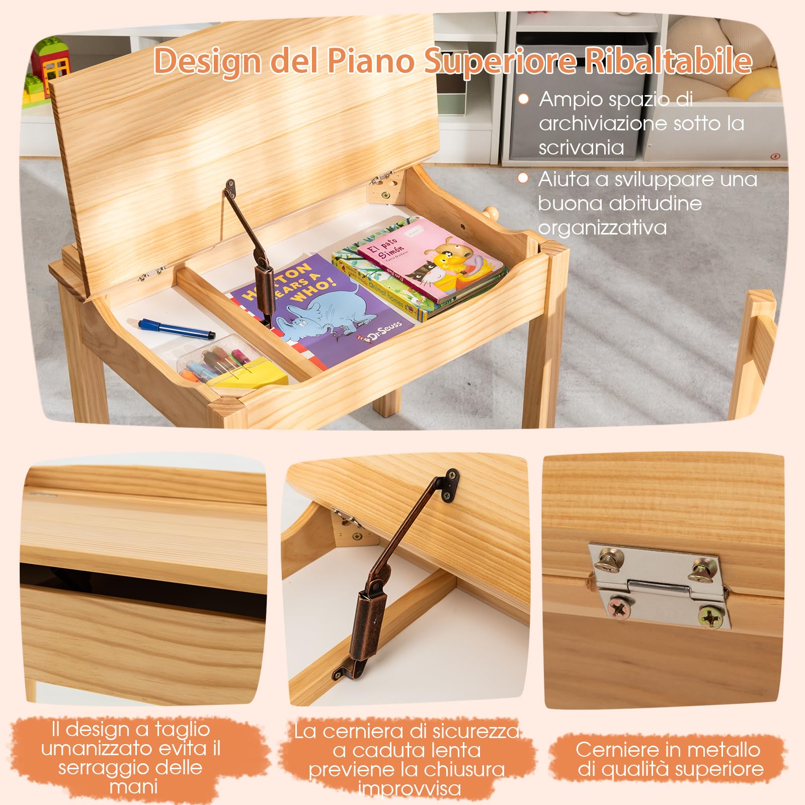COSTWAY Set Tavolo e Sedia per Bambini 3+ Anni, Scrivania Ribaltabile in Legno di Pino con Cassetto Estraibile, Gancio e Cerniera Sicura a Chiusura Lenta, Ideale per Studio e Disegno (Naturale)