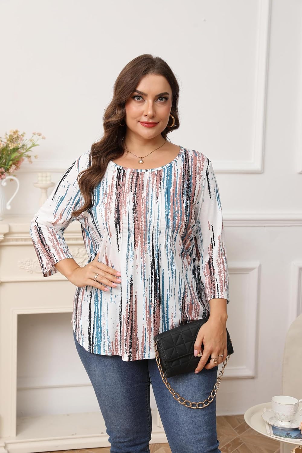 Womens Plus Size 3/4 Length Sleeve Tops Crewneck Pleated Loose Fit Casual Tunic Top Swing Shirts Blouses 1X-5X - Image 8