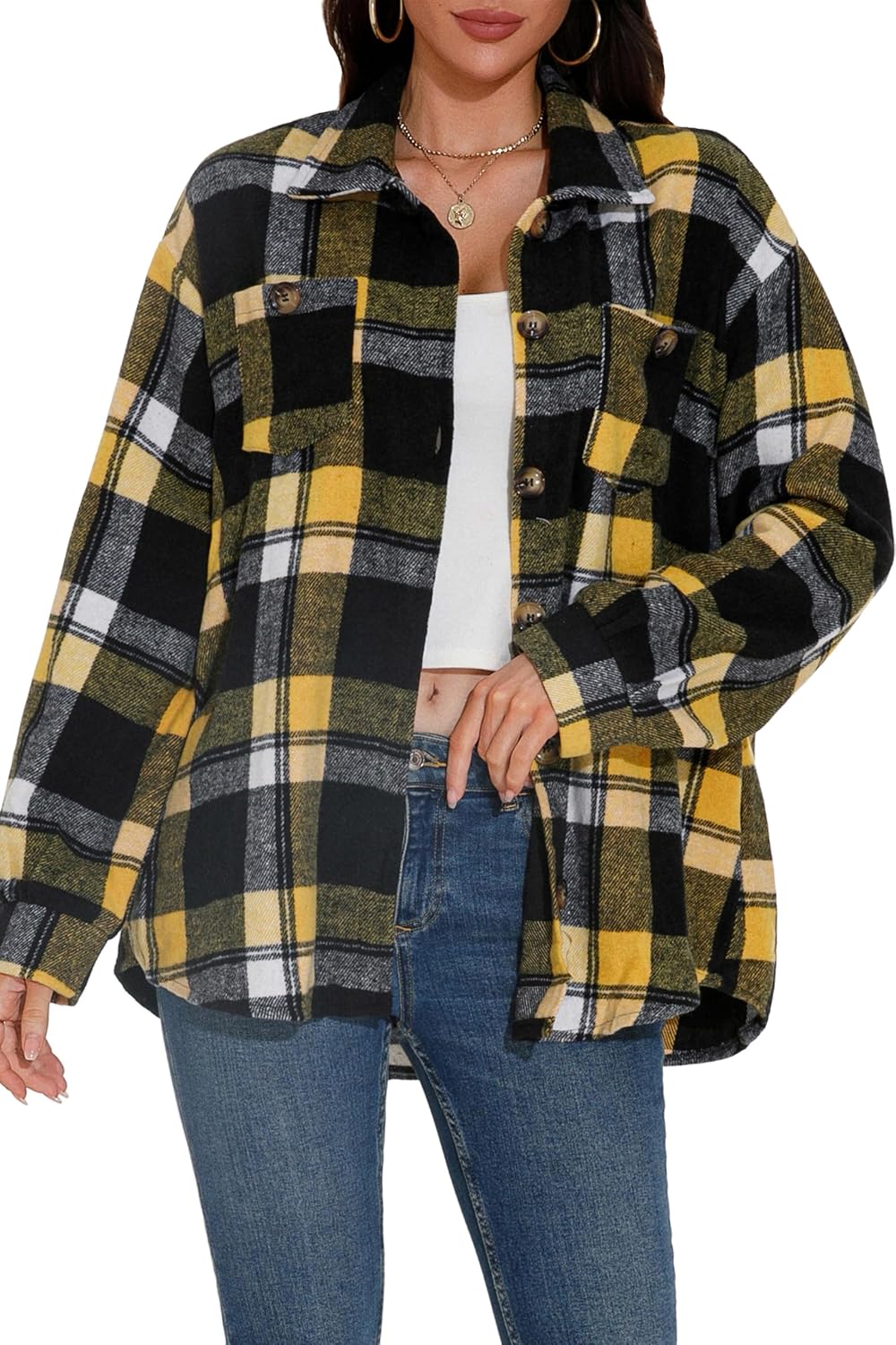 GUANYY Womens Flannel Shirts Button Down Plaid Shacket Long Sleeve Collared Business Casual Work Tops