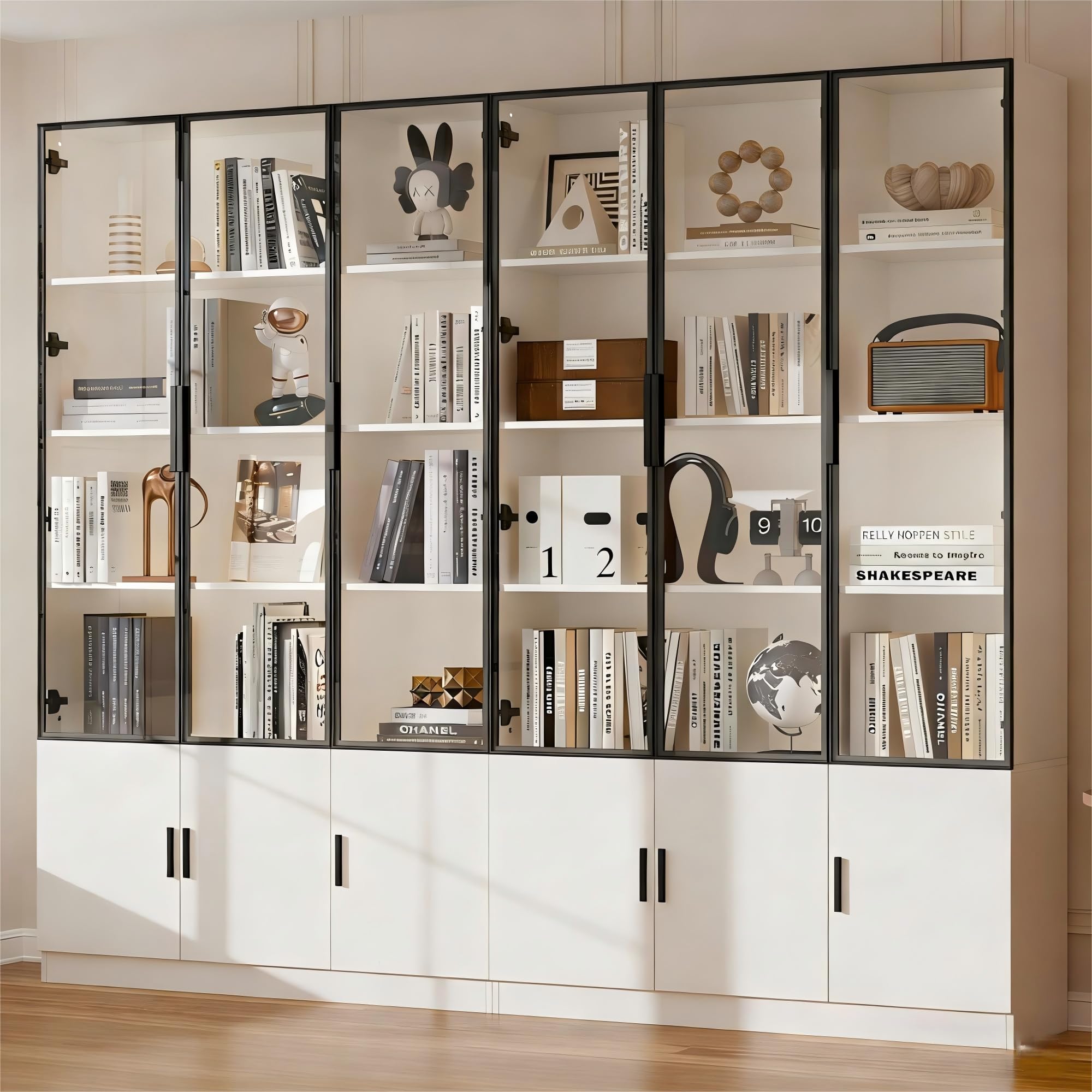 Vitrina de cristal, 12 puertas, armario alto, 240 x 32 x 200 cm, color blanco
