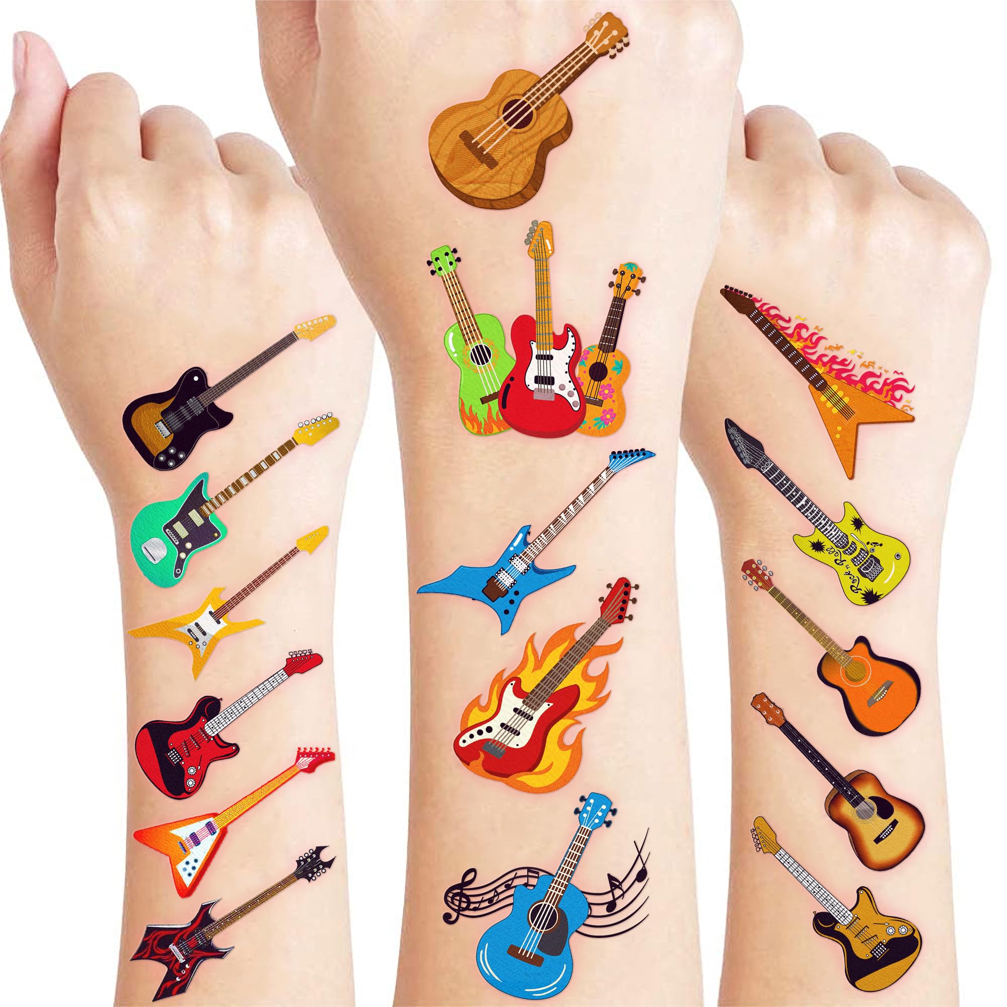 96 PCS Love Guitar Music Pre-Cut Temporary Tattoos for Kids Theme Birthday Party Decorations Supplies Favors Decor, Cute Rock Guitars Musical
