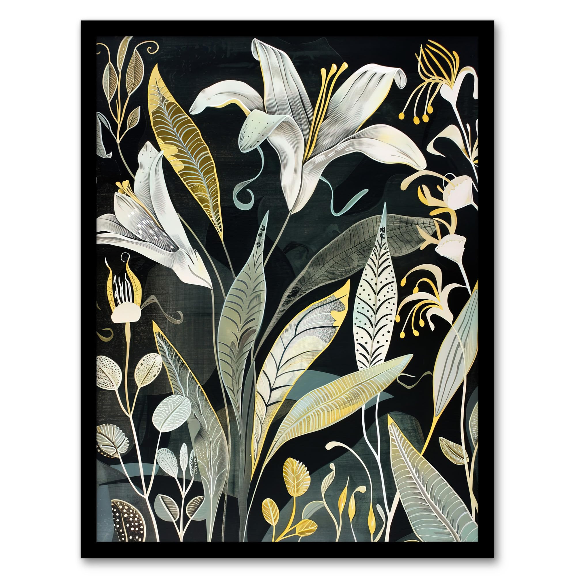 Artery8 Lily Flowers Dark Stylised Floral Painting Living Room Artwork Framed Wall Art Print A4