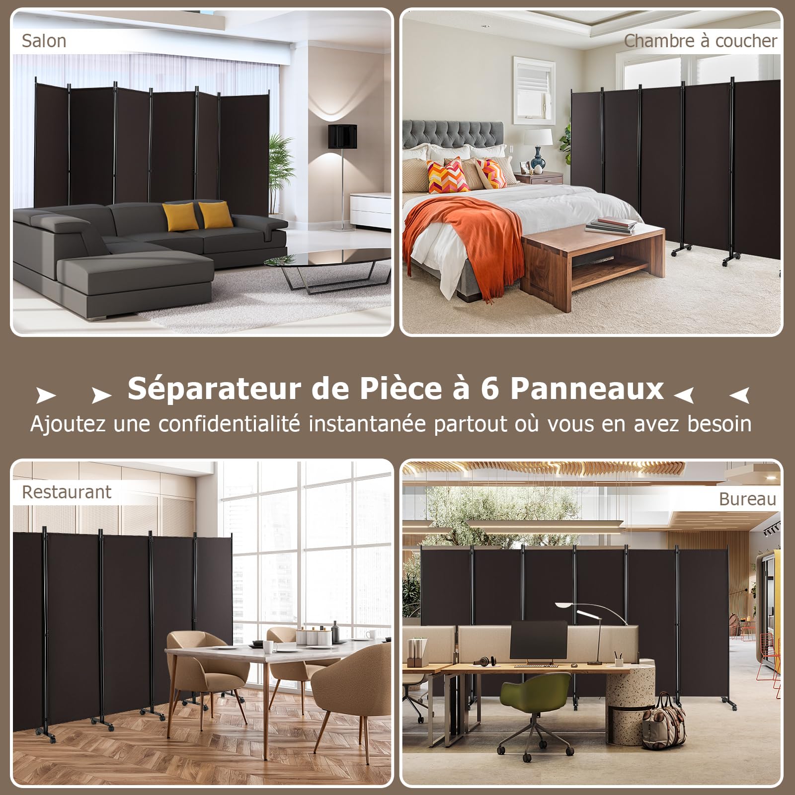 GIANTEX Paravent intérieur sur roulettes - 6 pièces - 334,5 x 172 cm - Paravent Pliable en Tissu - avec Pieds Larges -Protection privée (Marron)