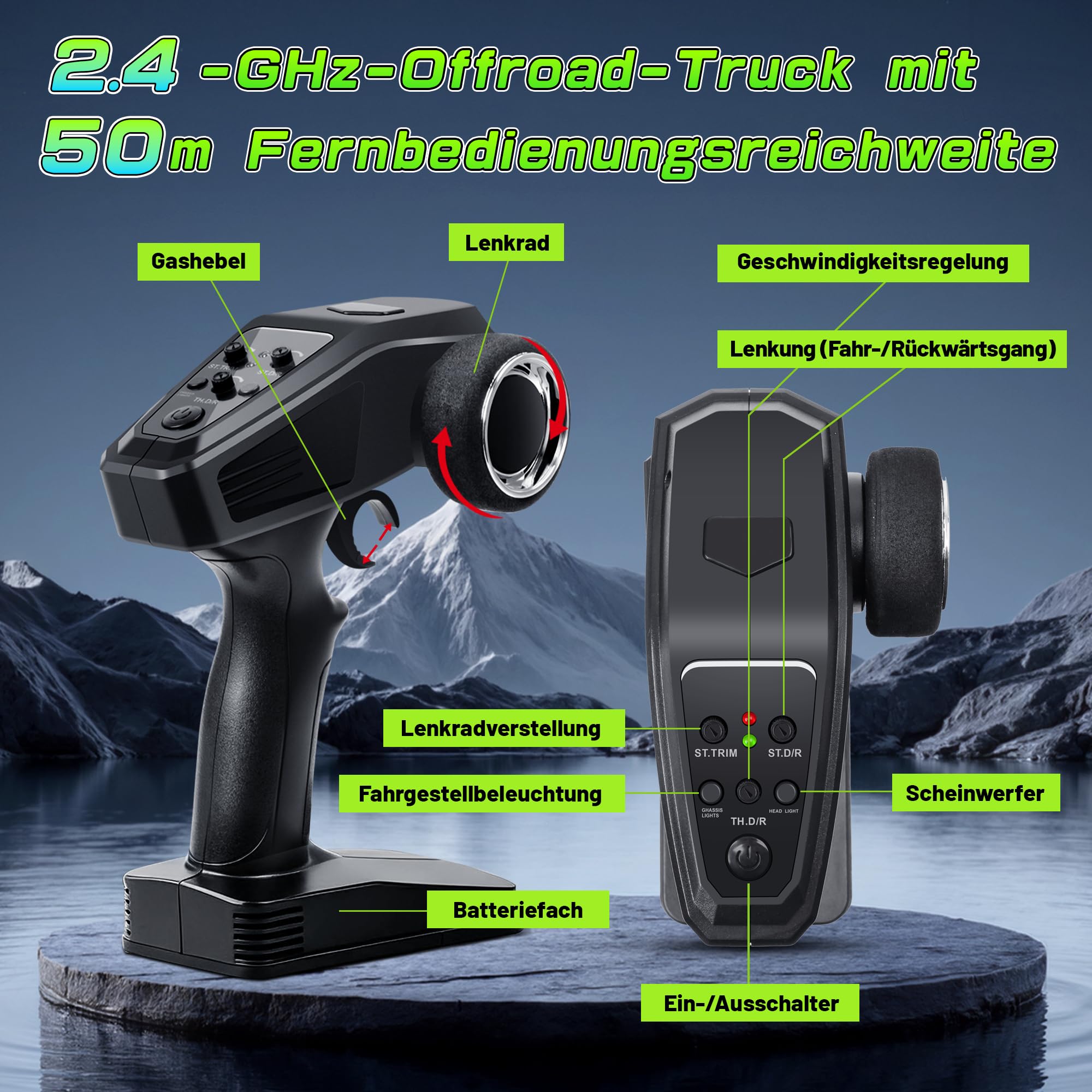 Macchina Telecomandata - Auto telecomandata ad alta velocità 1:16 38 km/h 4x4 All Terrains 2.4G RC Truck con luci RGB respiranti Veicolo RC fuoristrada con 2 batterie ricaricabili - Verde
