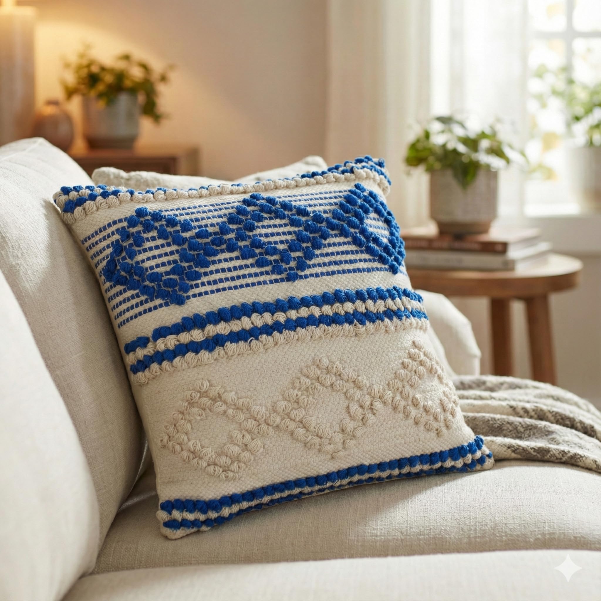TreeWool Baumwoll-Kissenbezug im Boho-Stil, Gewebt, für Sofa & Wohnzimmer (45 x 45 cm, Königsblau und Naturcreme, 1 Stück) – ohne Füllung