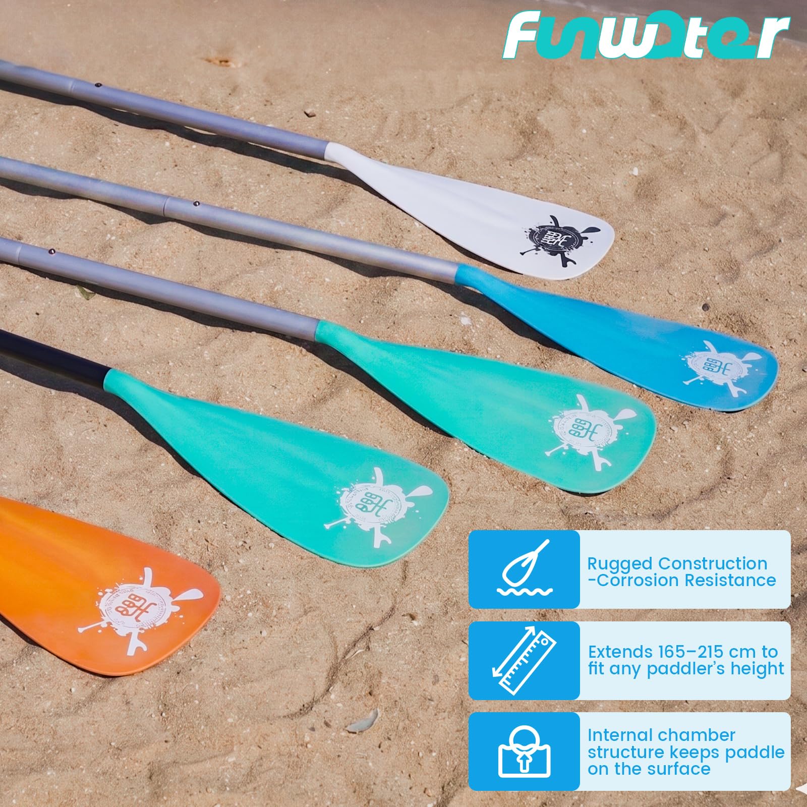 FunWater SUP Paddel – 3 Stück verstellbares Stand Up Paddle Board Paddel – leichtes & schwimmendes Paddelbrett Ruder – langlebig und verstaubar, verstärkte Nylonklingen – effizienter Hub