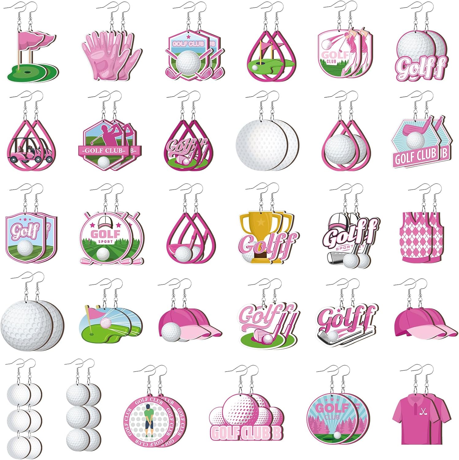 Landical 30 Pairs Golf Earrings Bulk for Women Double Sided Print Golf Wooden Earrings Accessories Jewelry Gift Decor for Golfer Golfing Lovers Birthday Christmas Gifts