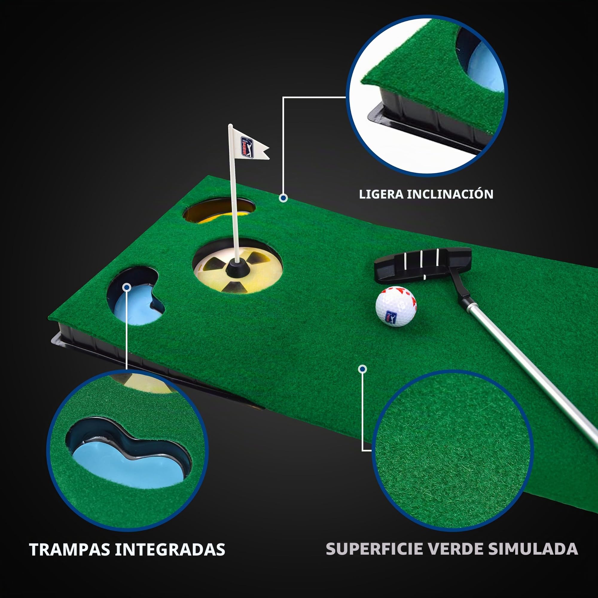 PGA Tour 6ft Putting Mat with Collapsible Putter & Alignment Guide Golf Ball
