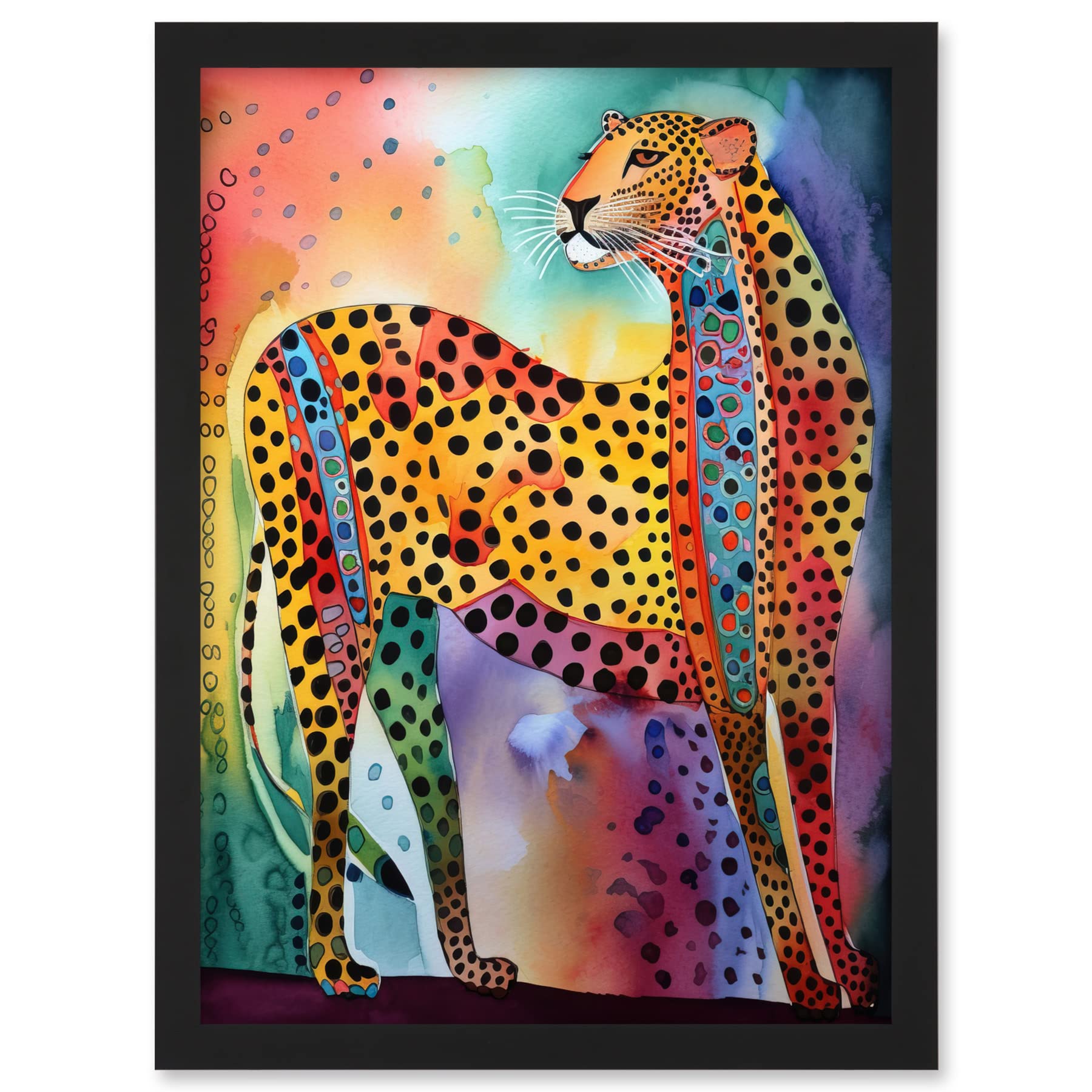 Artery8 Colourful Cheetah Folk Art Watercolour Painting Artwork Framed A3 Wall Art Print