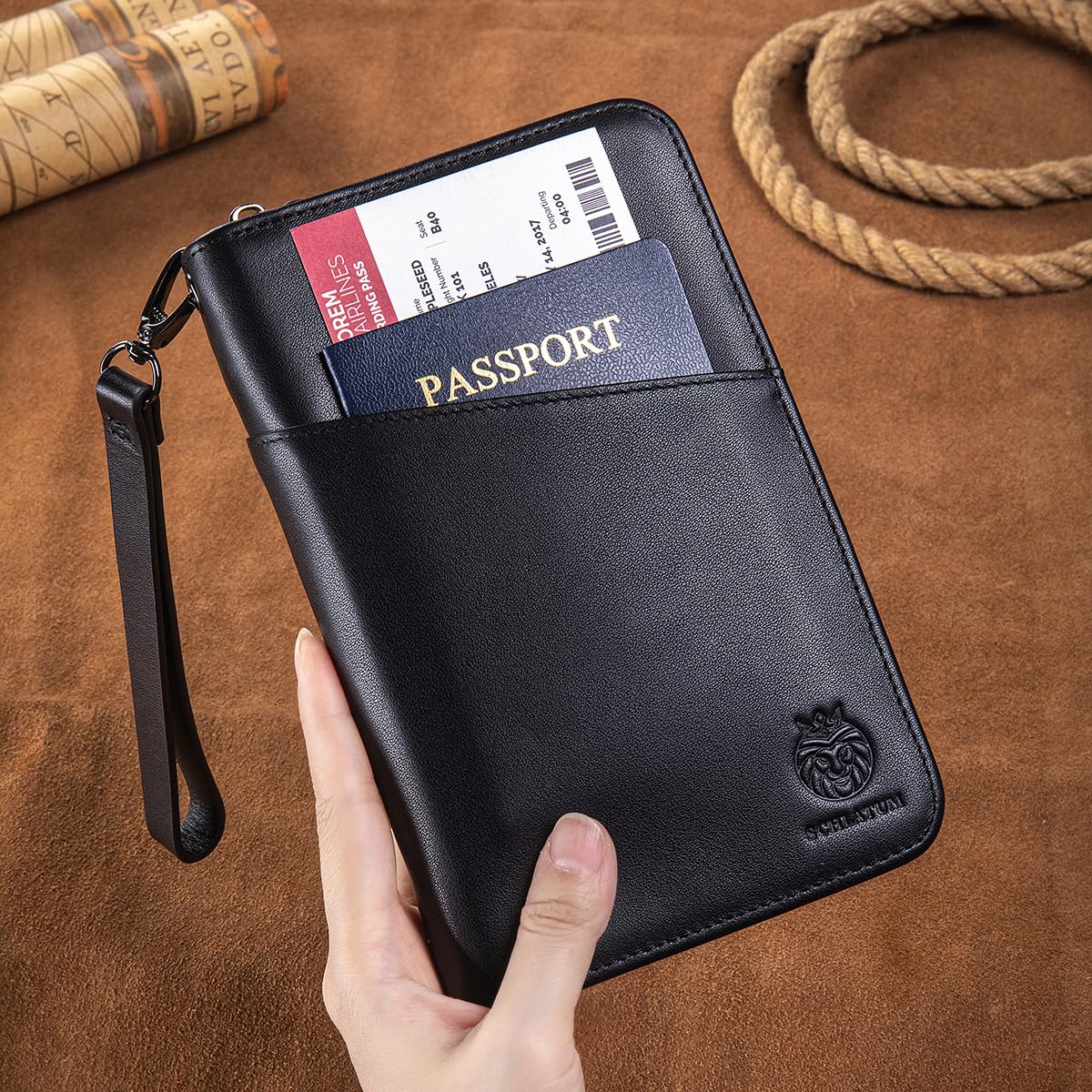 Soporte para pasaporte para viajes familiares con correa, de piel auténtica, bloqueo RFID, para pasaporte familiar para 6 personas, Negro, Large, Retro