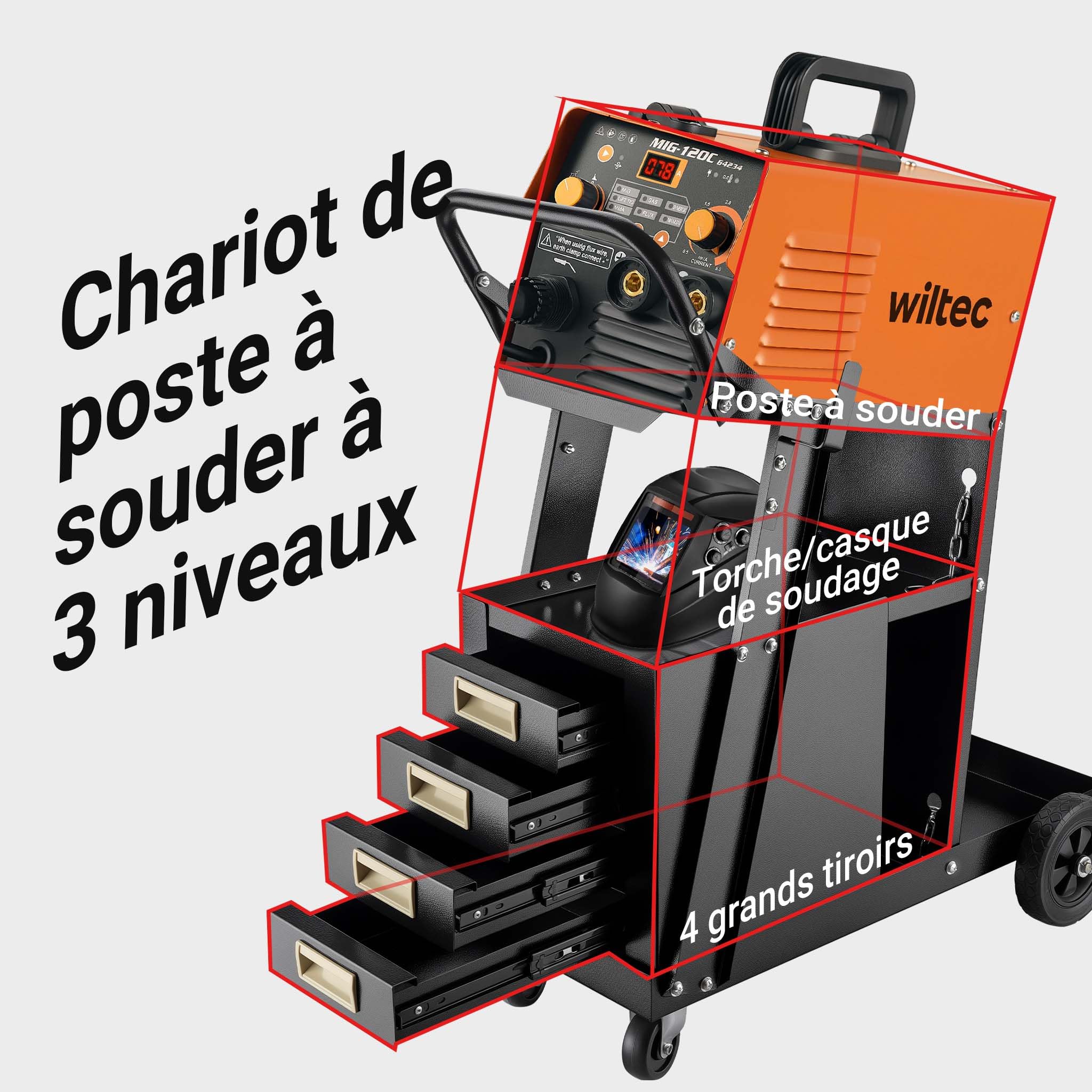 Wiltec Chariot de Poste à souder Mobile – avec 4 Roues, 4 tiroirs et chaînes de rétention – Chariot d’Atelier de soudage et brasage