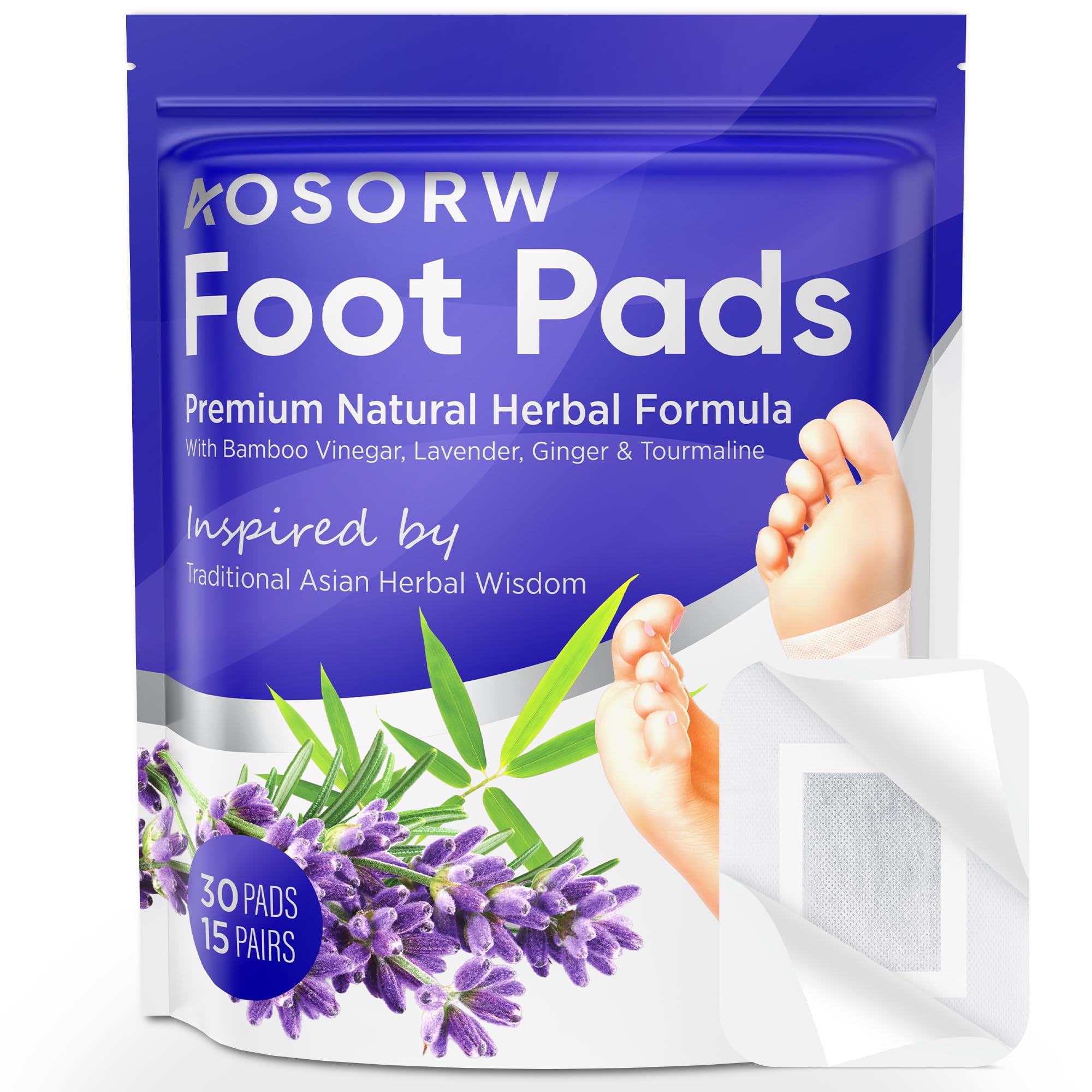 AOSORW Premium Herbal Foot Pads - Natural Bamboo Vinegar Foot Patches with Lavender & Ginger - Gentle Overnight Foot Care - 30 Pads (Pack of 1)