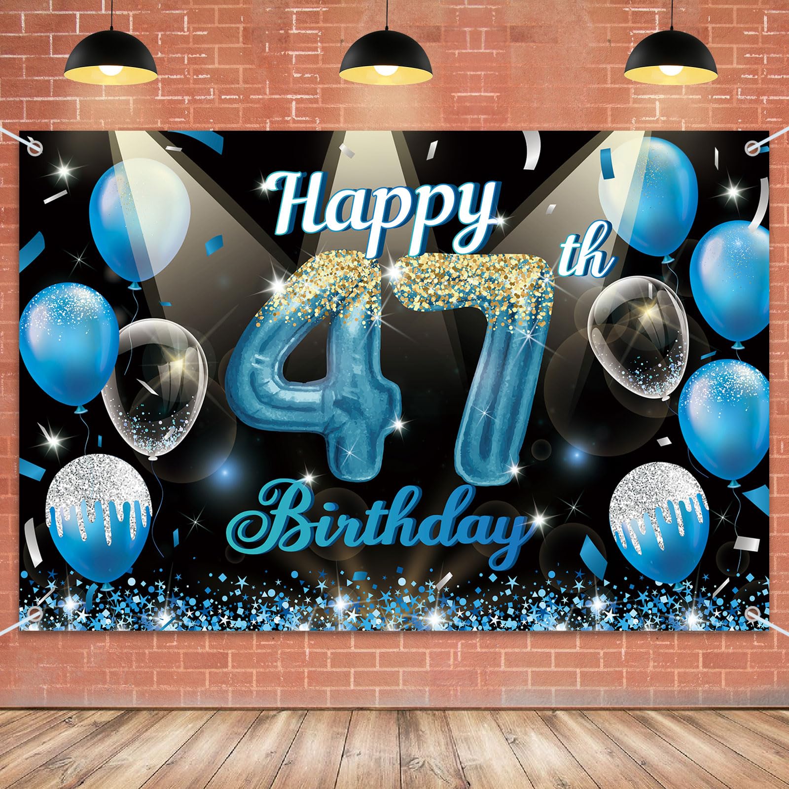 Happy 47th Birthday Backdrop Banner Blue Balloon Number 47 Years Old Photo Booth Background Premium Vinyl Banner for Indoor/Outdoor Parties, Women Men