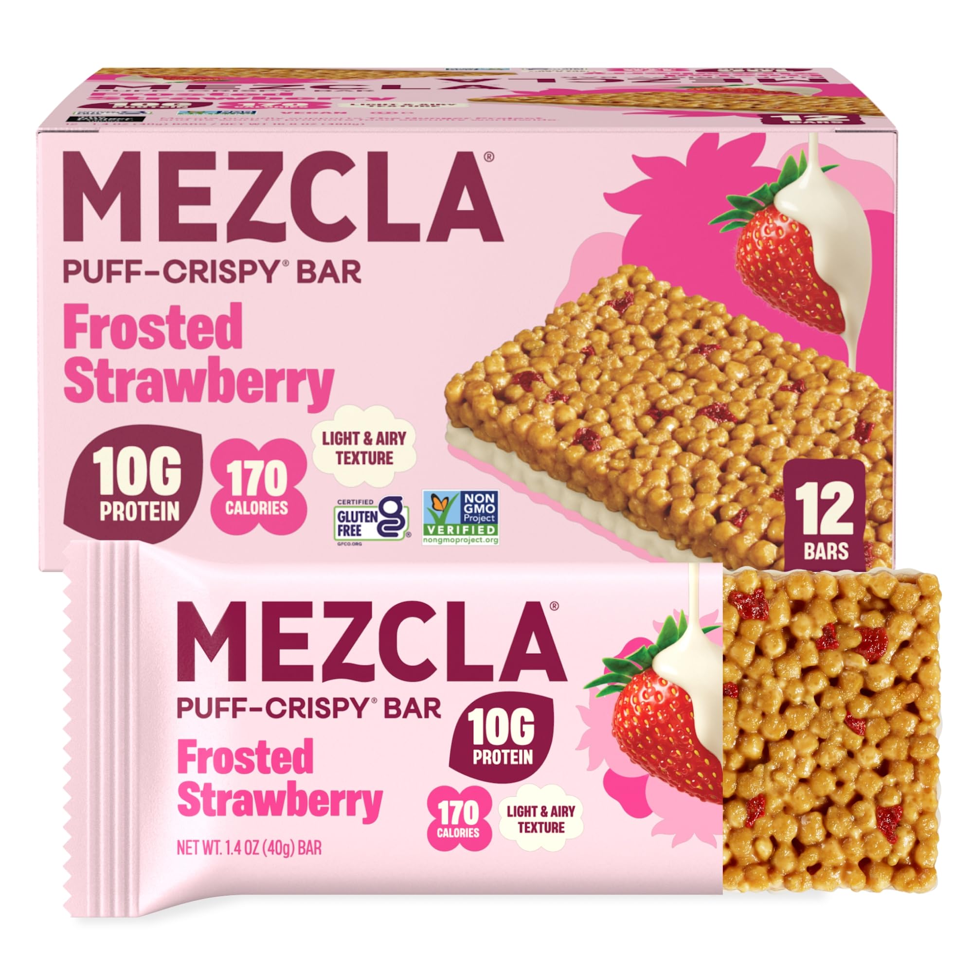 Mezcla Puff Crispy Protein Bars, Gluten Free & Vegan Protein Bars, 10g Protein, Alt for Crispy Rice Treat, Granola Bars & Breakfast Bars, Healthy Snacks for Adults, Frosted Strawberry, 12 Bars Strawberry 1 Count (Pack of 12)