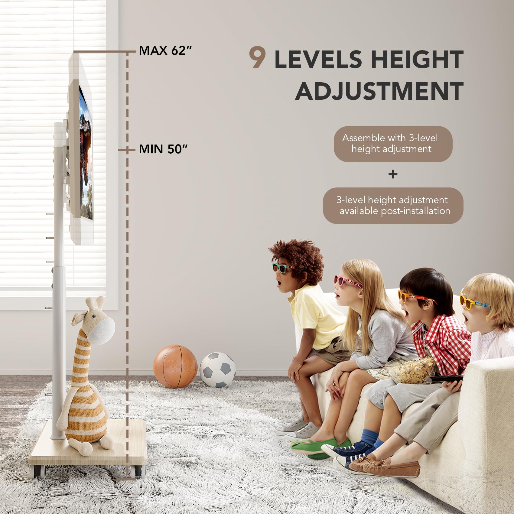 Mobile TV Stand for 27 to 65 Inch TVsPortable Rolling TV Cart on Wheels Tall Universal Floor Stands with Swivel Mount Height Adjustable Sleeking Standing Mount Fit Corner Bedroom Outdoor product thumbnail 4