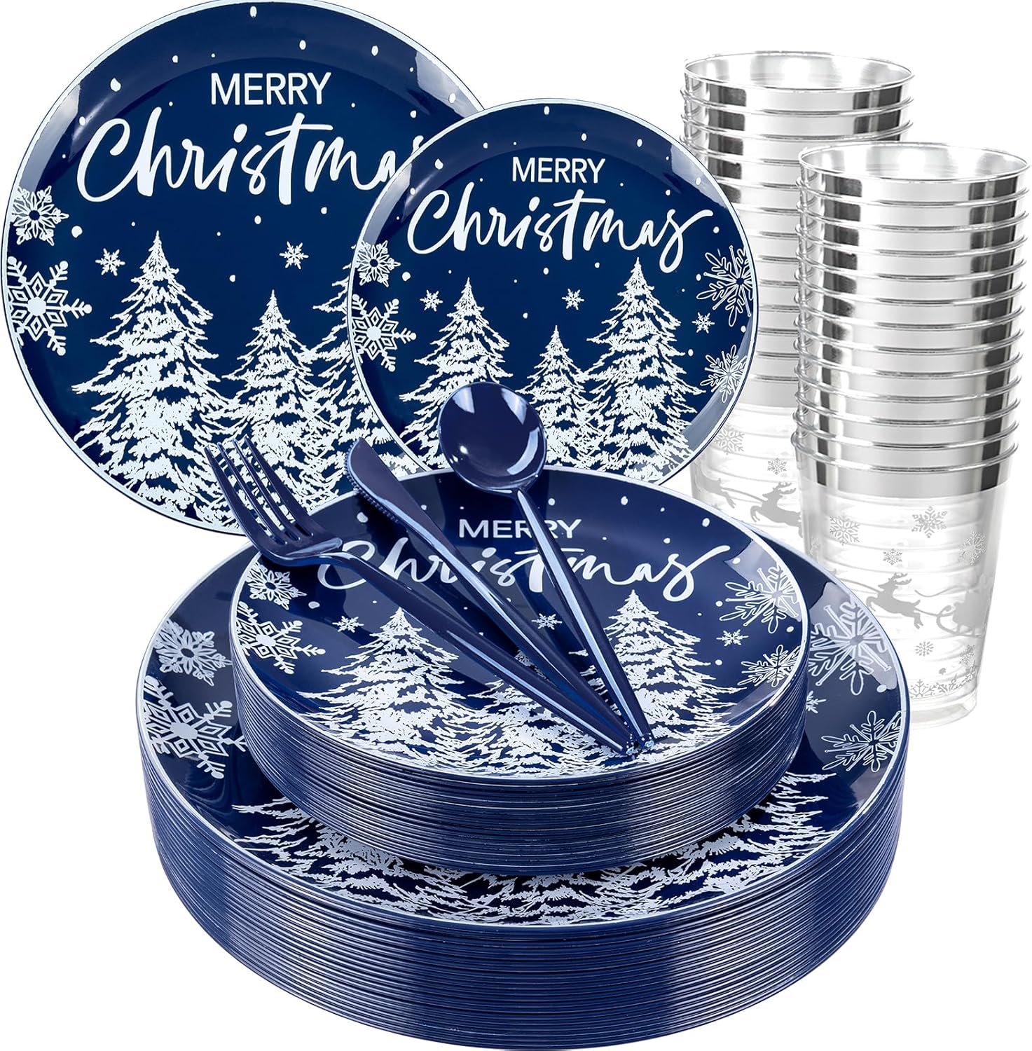 Supernal 150pcs Christmas Plastic Plates - Christmas Dinnerware Set Include Blue and White Plastic Plates with Trees Design, Blue Plastic Silverware, Santa and Moose Silver Plastic Cups for New Year 150pcs Blue and White Christmas Plastic Dinnerware Set