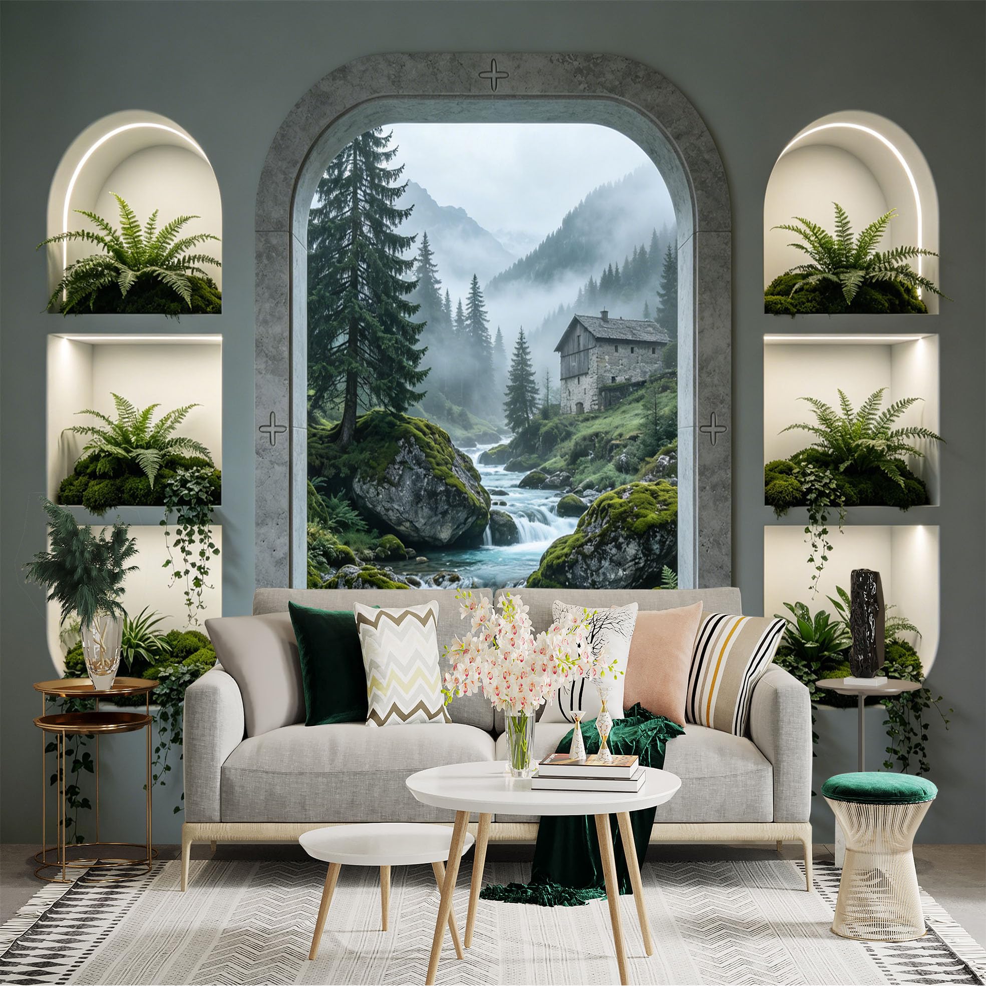 Custom Size Wall Sticker Mural， Mountain Cabin by River， Misty Forest and Green Ferns， for wall Decoration， peelandstick wall Decals.