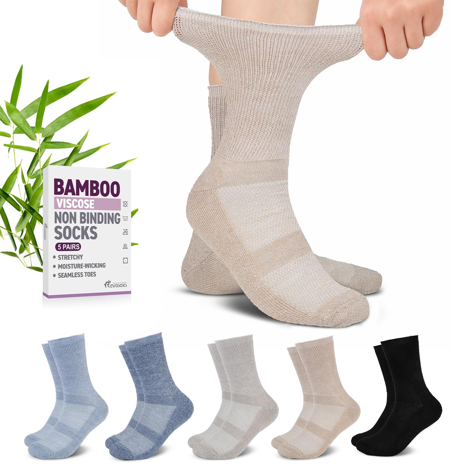Revosoxs Diabetic Crew Socks for Men Women,Bamboo Viscose Non-Binding Loose Top Wide Socks with Seamless Toe 9-12 10-13
