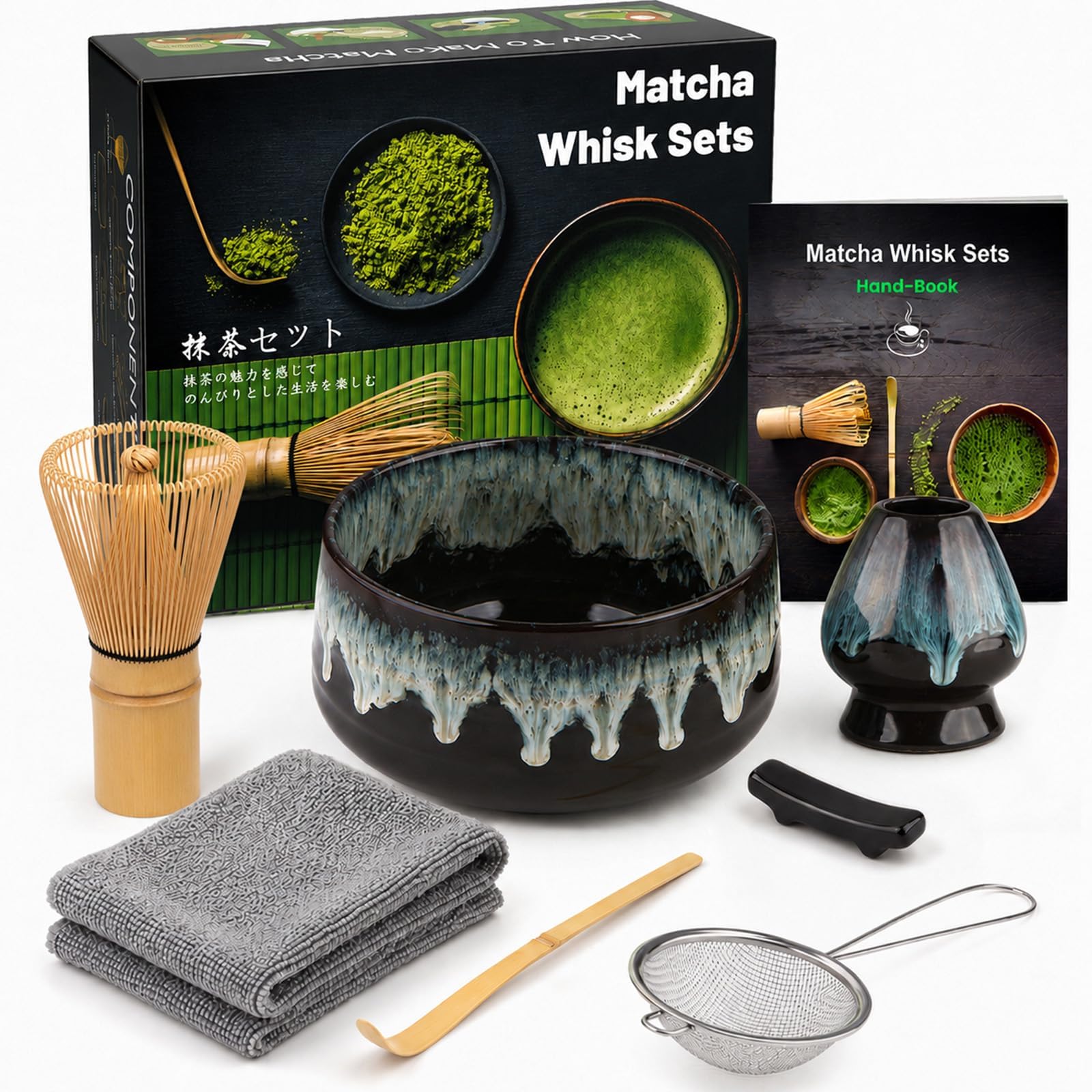 7pcs Matcha Set, Matcha Whisk Set - Matcha Whisk Bamboo, Whisk Holder, Kiln-Change Matcha Bowl, Scoop, Sifter, Absorbent Cloth - Japanese Tea Ceremony Set for Home Use or as a Gift
