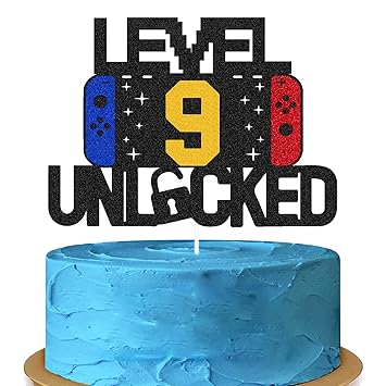 Level 9th Unlocked Sign Cake Topper Happy 9th Birthday Level Up Tenth Cake Decorations for Video Game Controller Themed Kids Boy Girl Bday Party Supplies Double Sided
