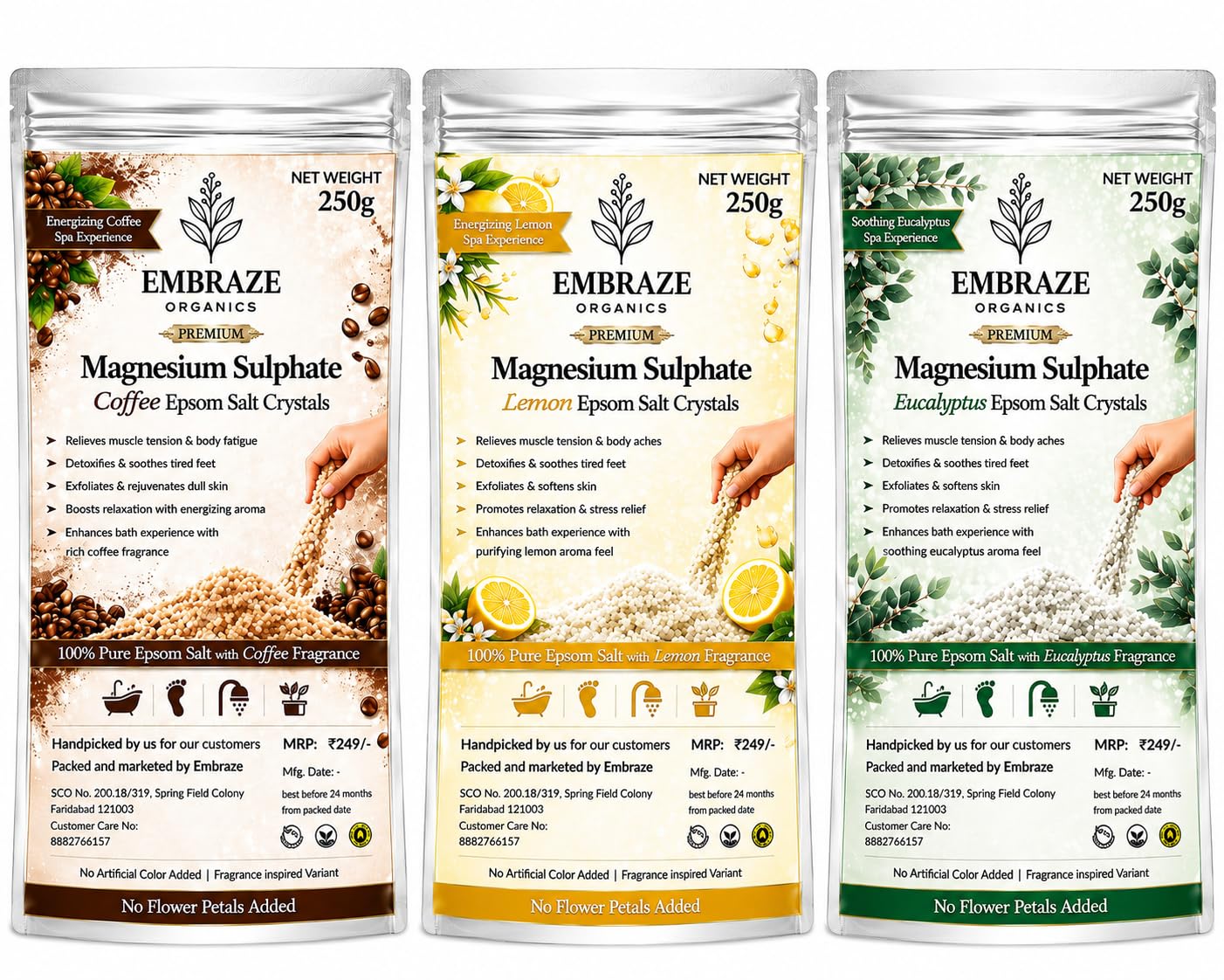 Premium Magnesium Sulphate Epsom Salt Combo | Coffee, Lemon & Eucalyptus Fragrance Bath Crystals | Stress Relief & Skin Care | Pack of 3 | 250g X 3 | 750g-image-45